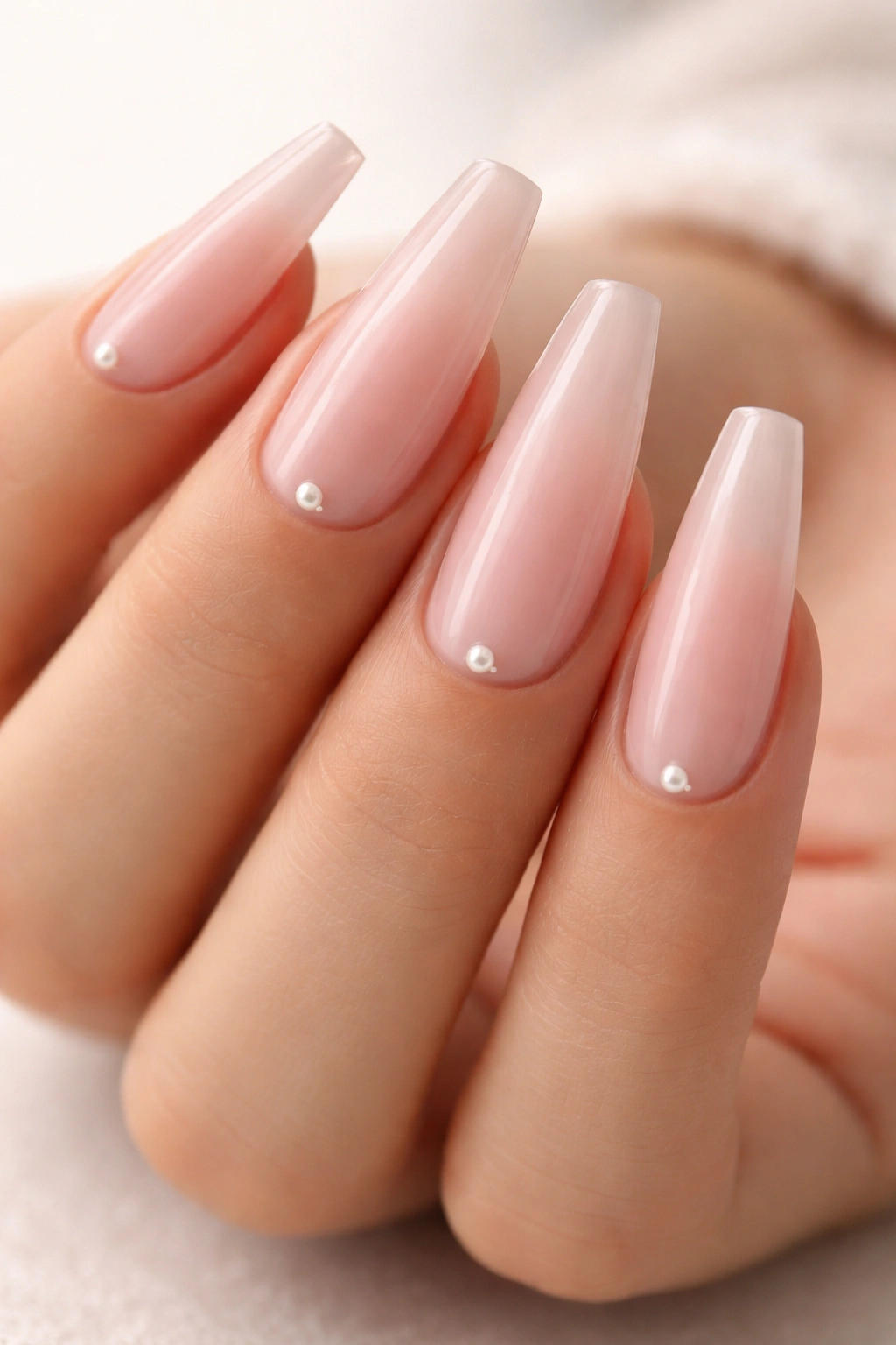 Sheer pink nails with tiny cuticle pearls on a long ballerina shape