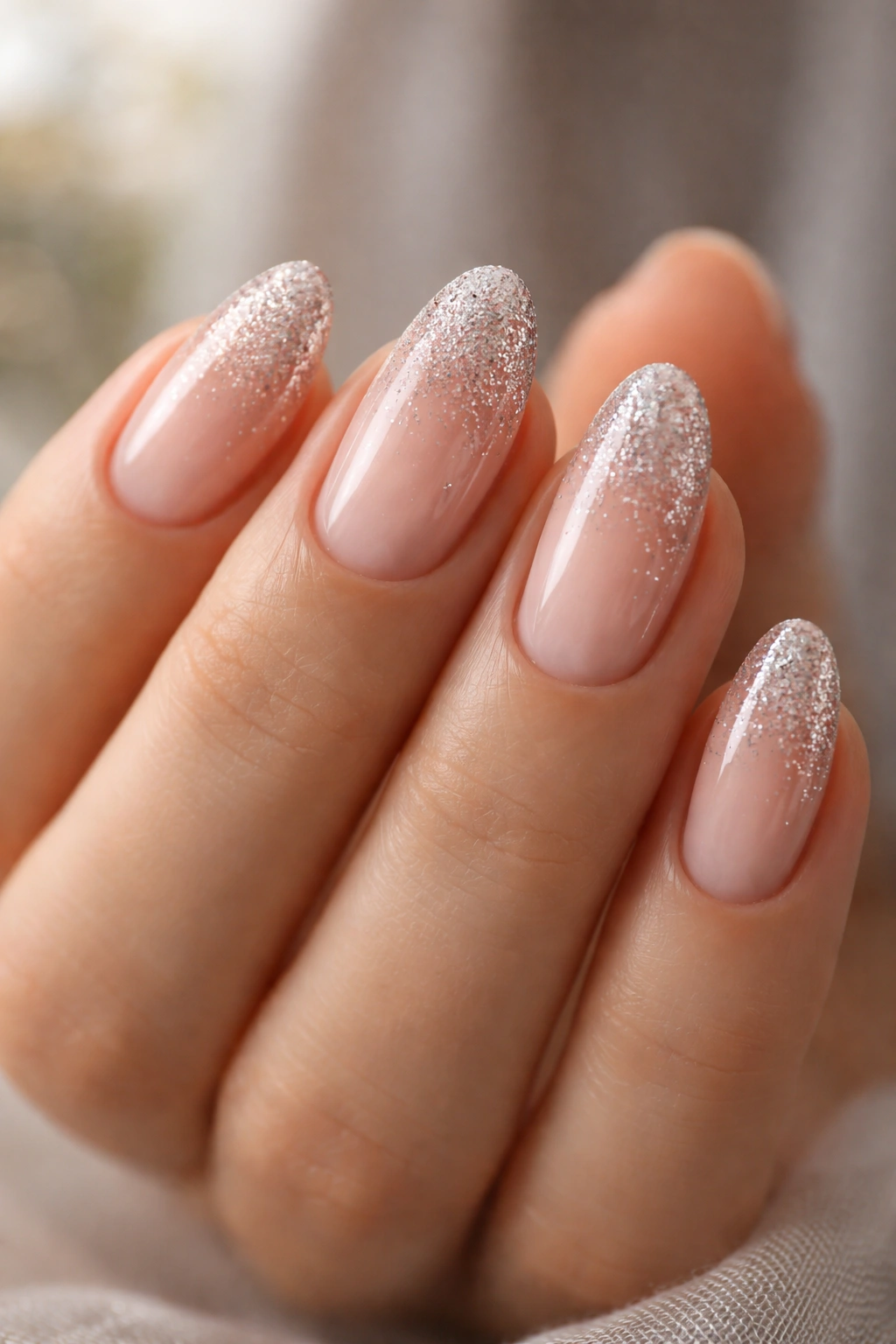 Close-up of balanced glitter placement on short almond nails