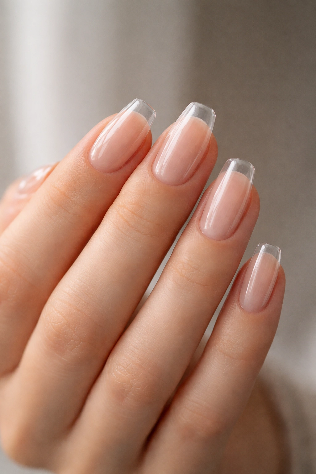 Short clear ballerina nails with softly rounded corners and tidy apex.