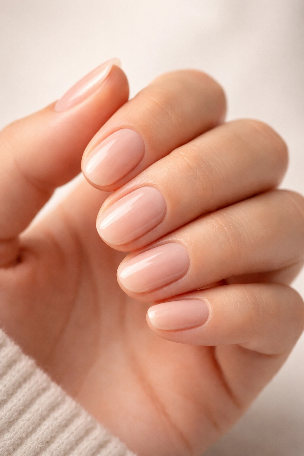 Close-up of short oval nails with clean edges and tidy cuticles in a minimalist manicure