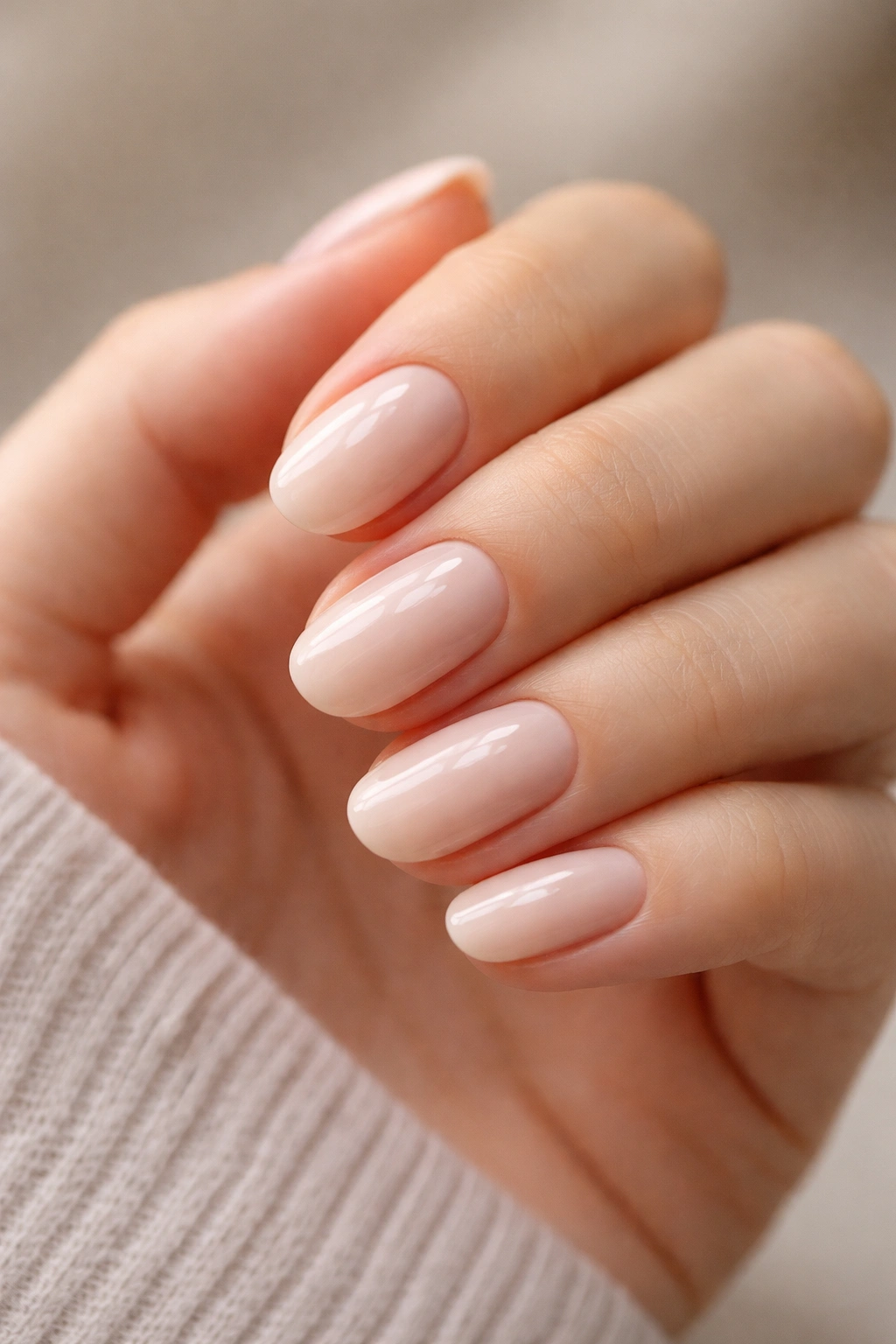 Close-up of short oval acrylic nails in milky nude with smooth topcoat