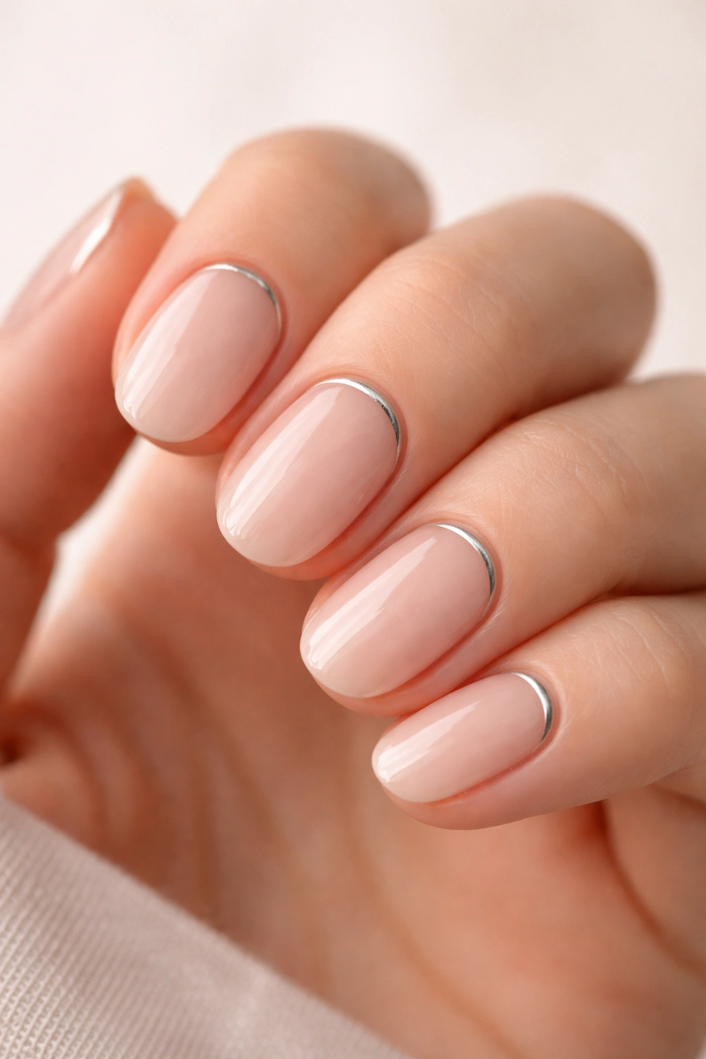 Close-up of short oval nails with a silver crescent near the cuticle on nude base