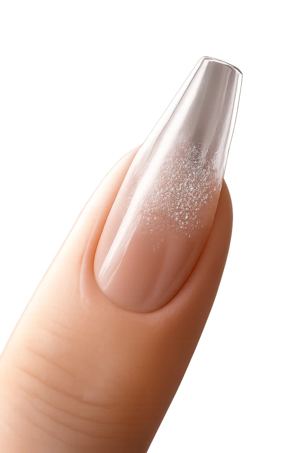 Close-up of a clear ballerina nail with encapsulated fine silver dust under natural daylight