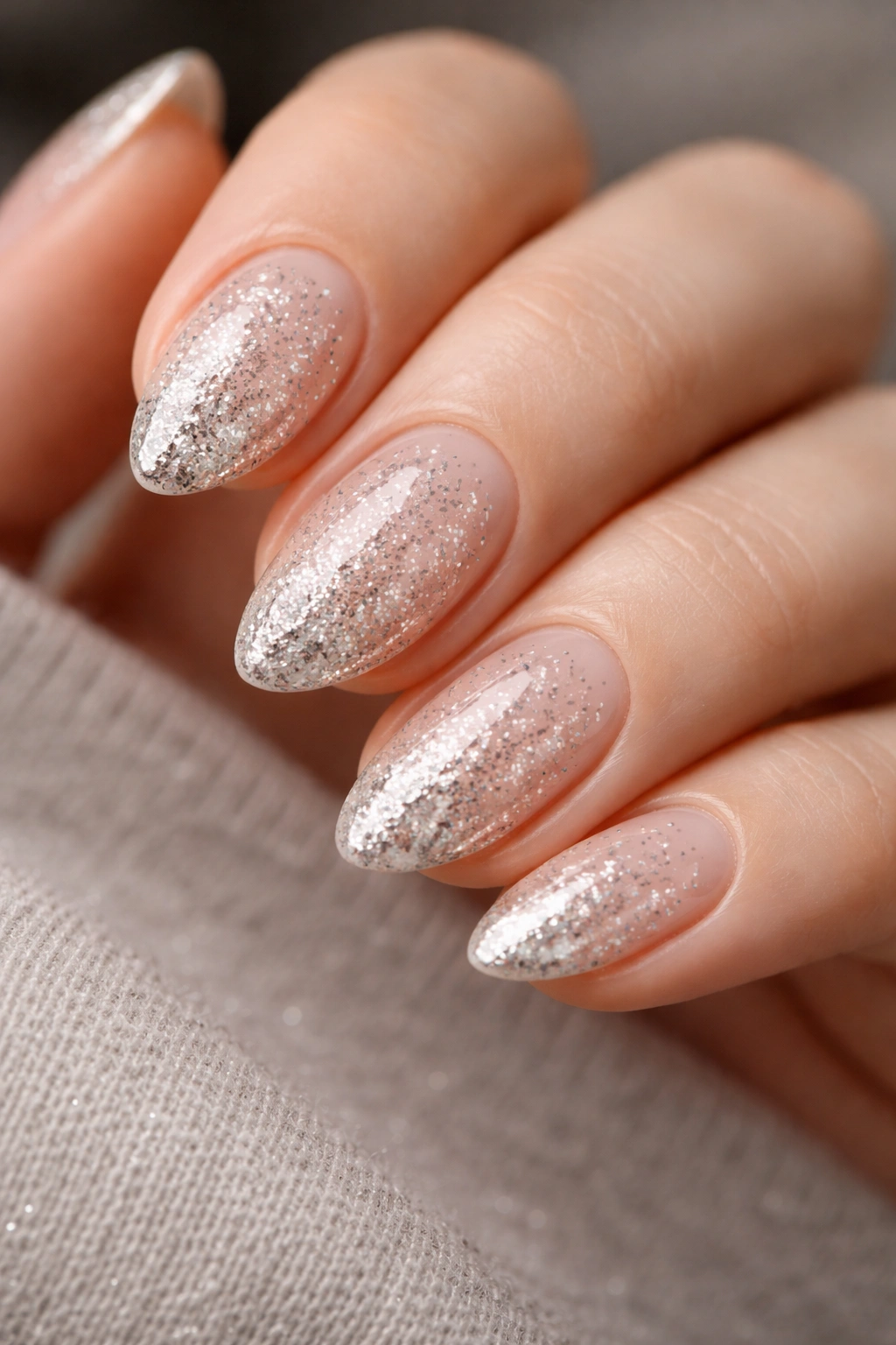 Silver glitter nails on a clear base on short almond nails