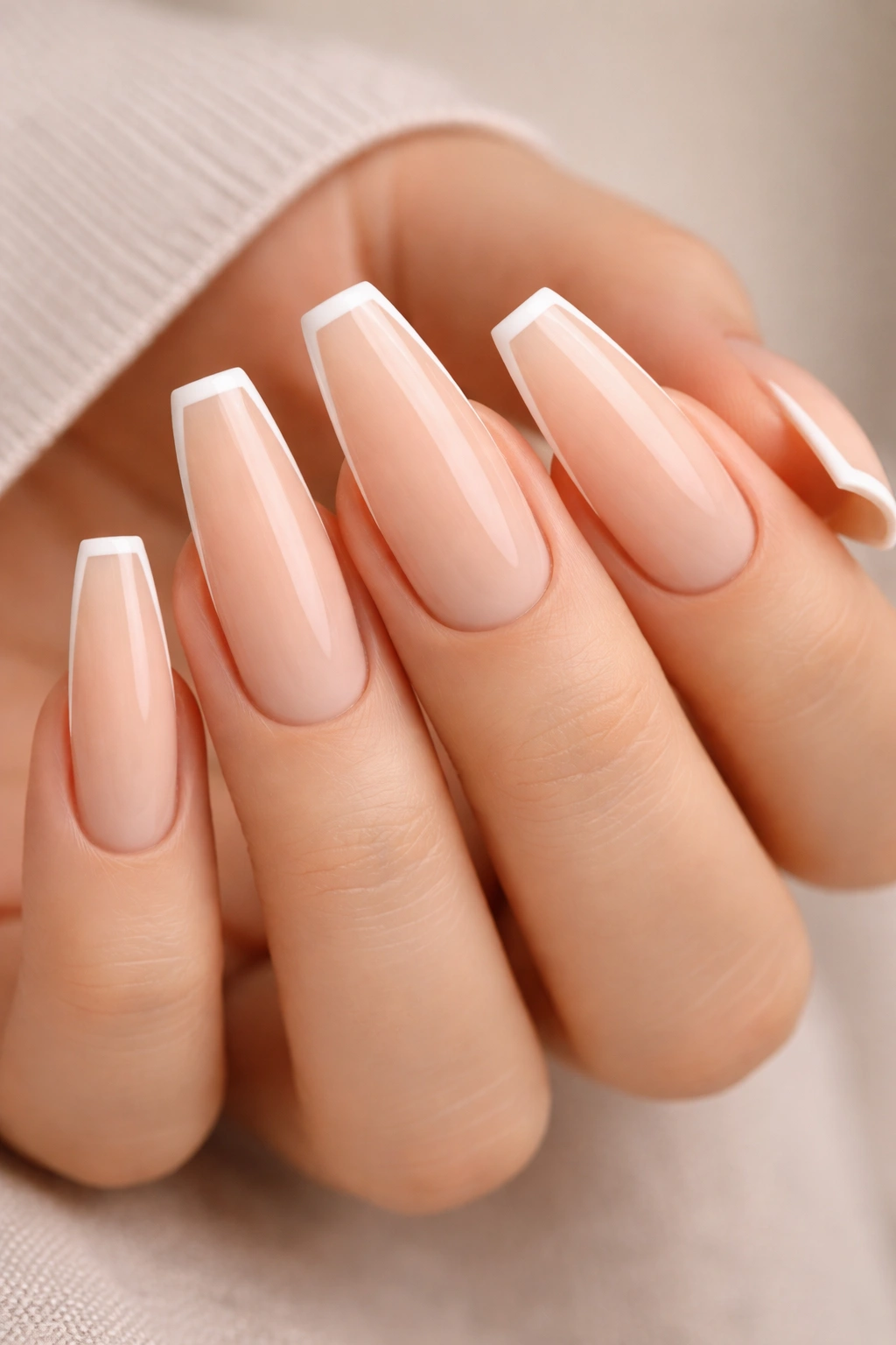 Nails painted in skin-tone with a barely-there white outline at the tip