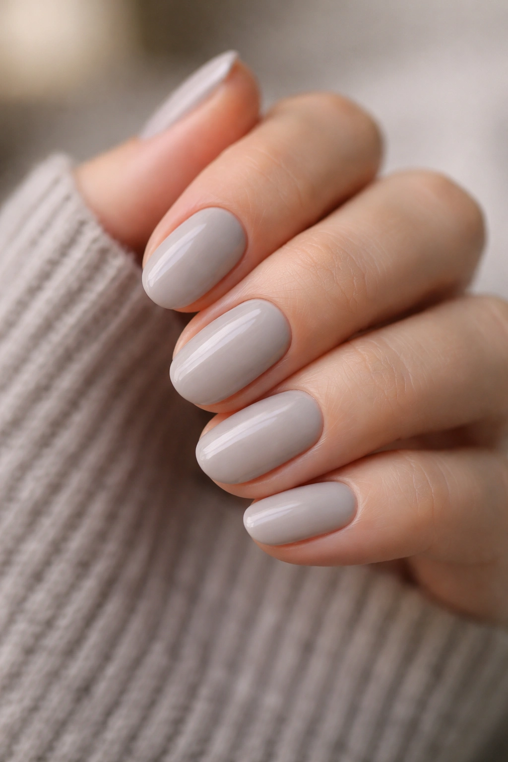 Close-up of soft gray oval nails with warm beige undertone on a neutral backdrop.