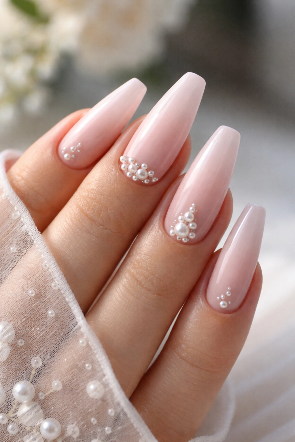 Close-up of soft pink bridal nails with pearls and micro crystals
