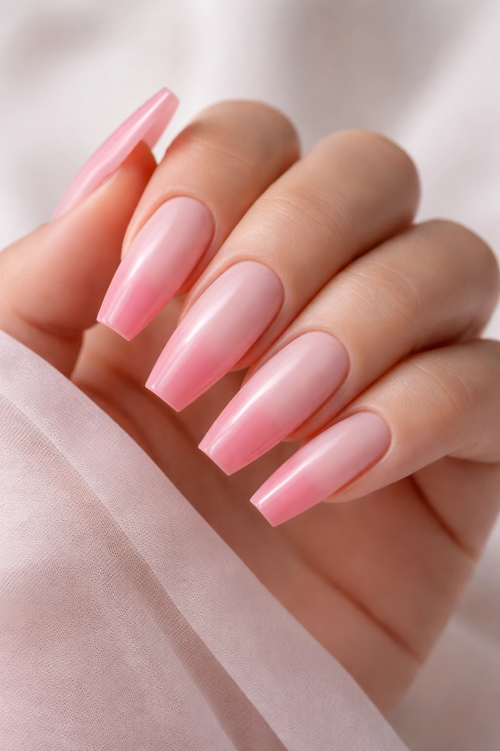 Close-up of pale creamy base pink ombre French tips on ballerina nails with soft strawberry fade