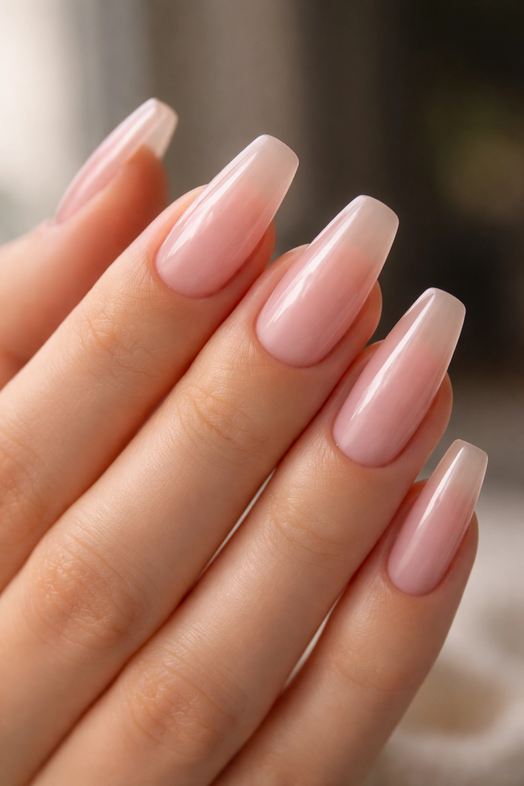 Nail close-up showing streak-free sheer pink ballerina nails