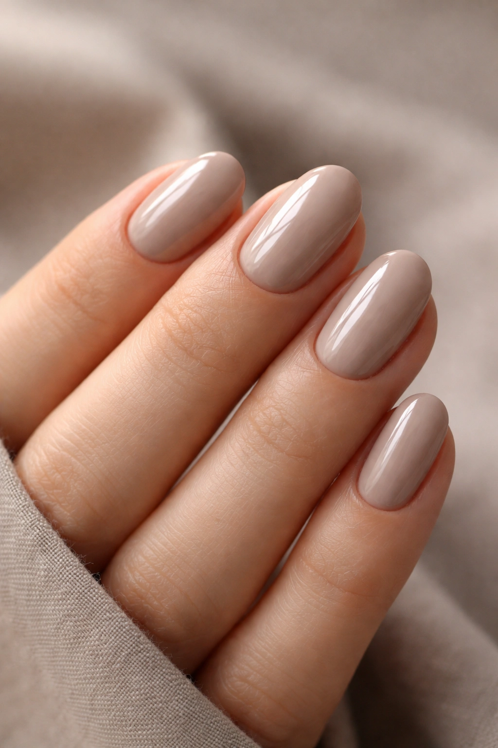 Close-up of short oval taupe nails with glossy finish
