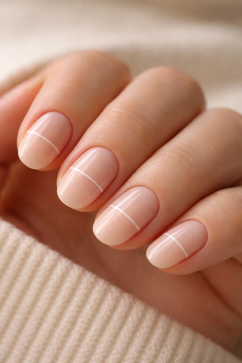 Close-up of short oval nails featuring a slim white line across the center on a sheer nude base.