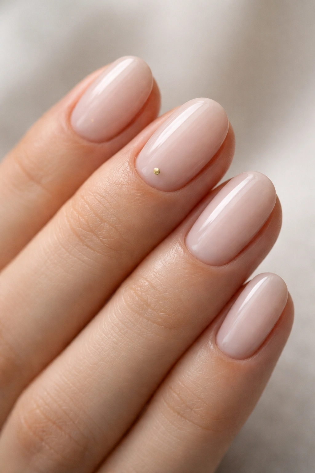 Close-up of a short oval manicure with a single tiny gold dot accent on one nail, milky pink base.