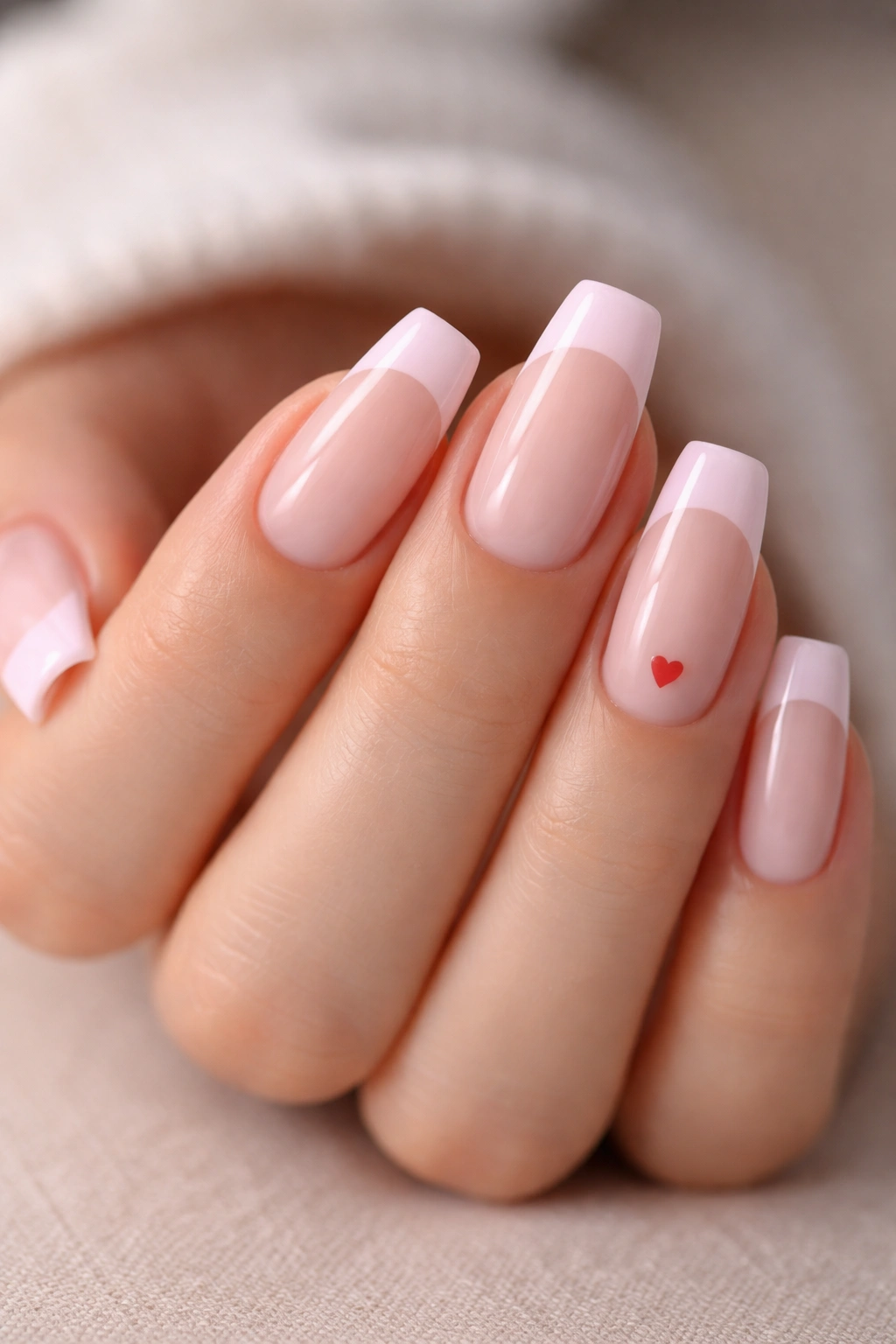 Close-up of a pink ballerina manicure with a tiny heart accent on one nail