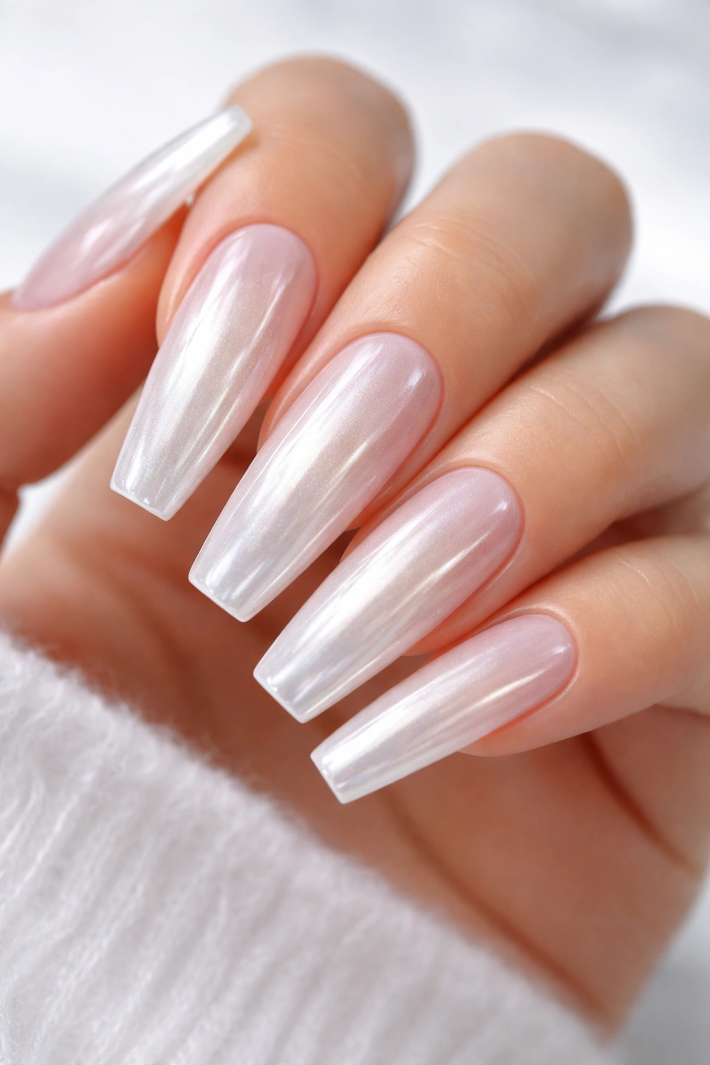 Long ballerina nails with icy vanilla chrome over a sheer base, glossy and reflective