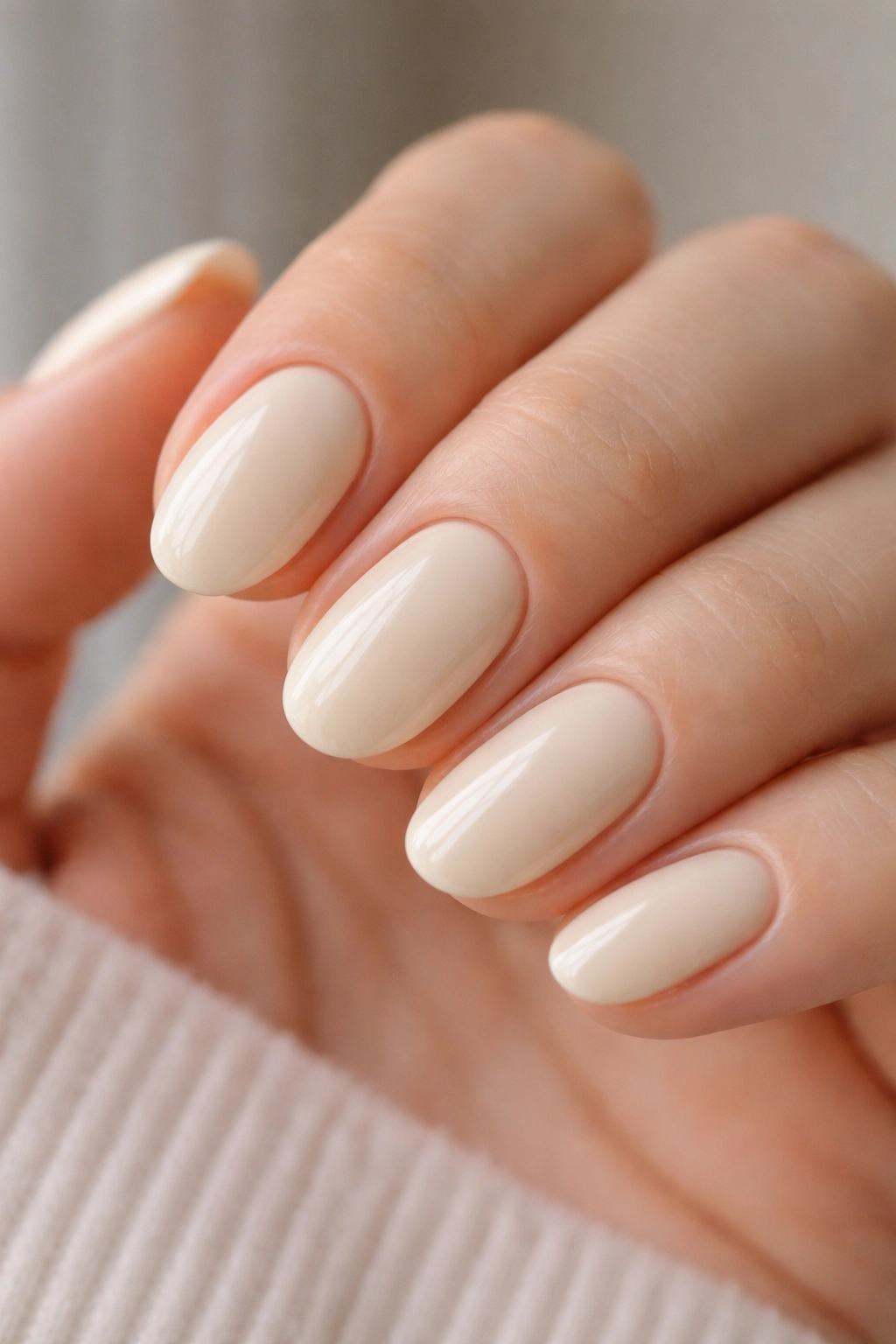 Close-up of vanilla cream oval nails in warm off-white shade