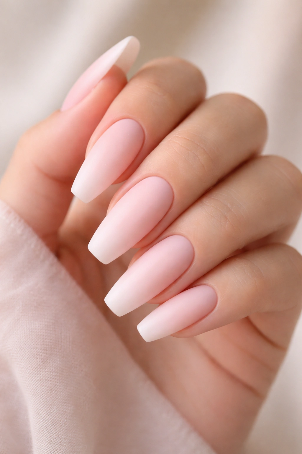 Close-up of long ballerina nails in clouded petal pink with velvet matte finish