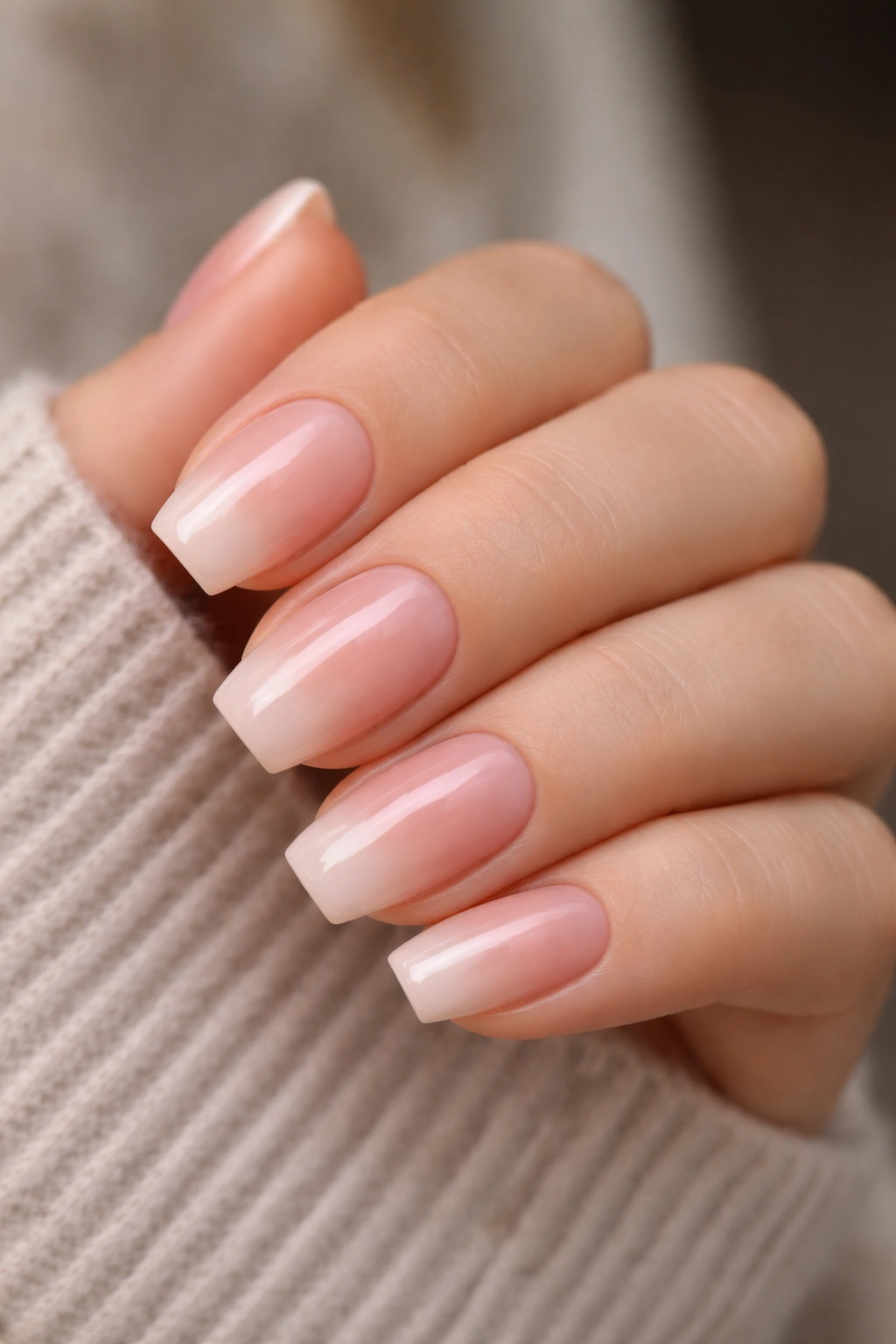 Close-up of short ballerina nails with warm nude-pink ombre and pink haze