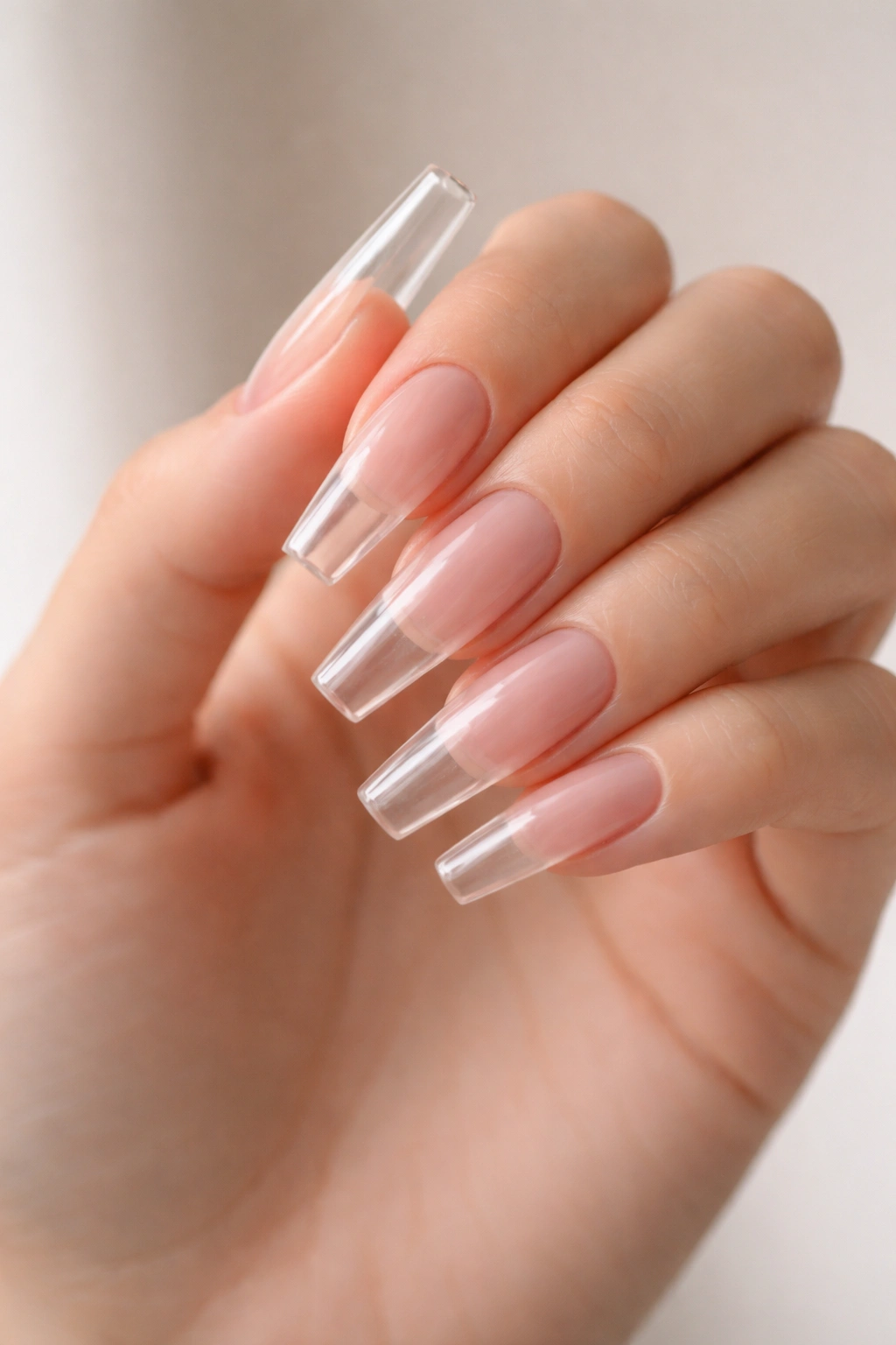 Water-clear full-length ballerina nails with crisp taper and transparent tips.