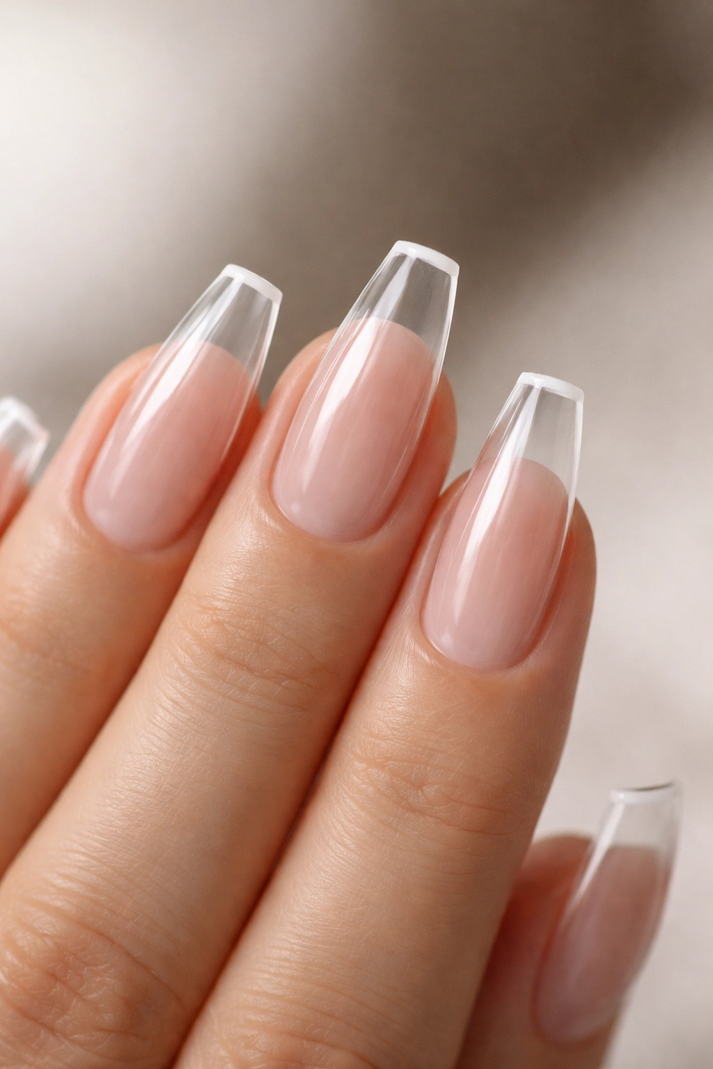 Close-up of clear ballerina nails with a micro white French edge, 0.5–1 mm thin line.