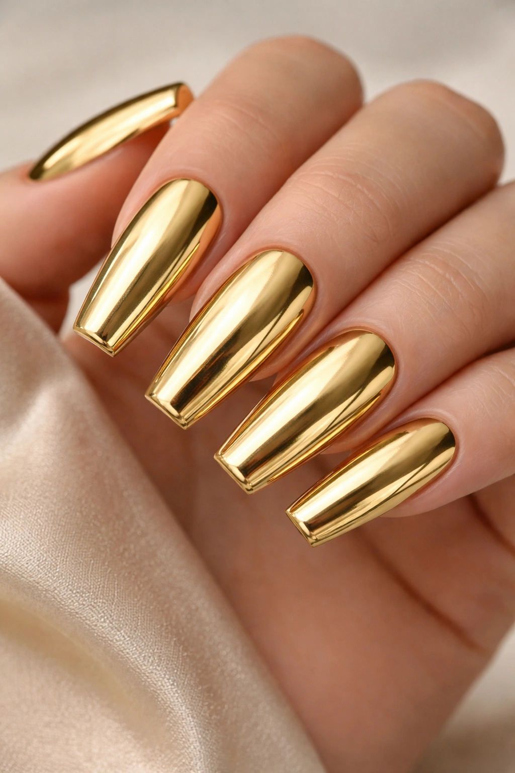 Close-up of long coffin nails in solid gold with metallic edge