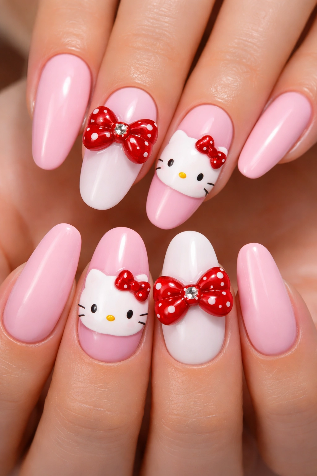 Nails showcasing 3D red bows and Hello Kitty faces on accent nails.