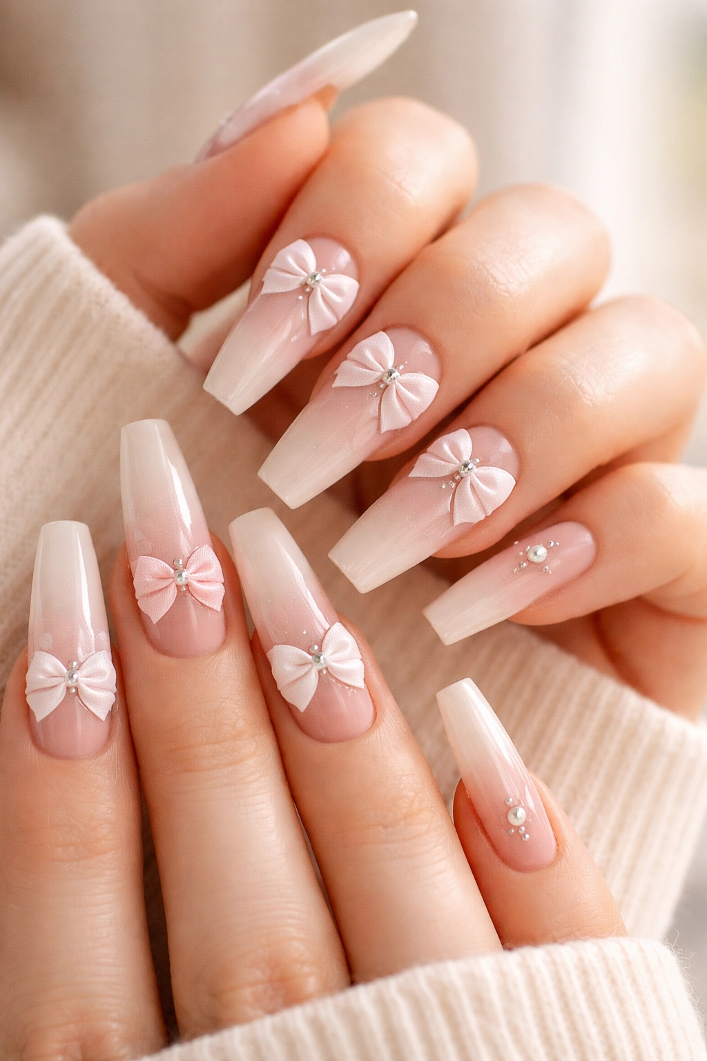 Close-up of hands with 3D bows on nails against a neutral background