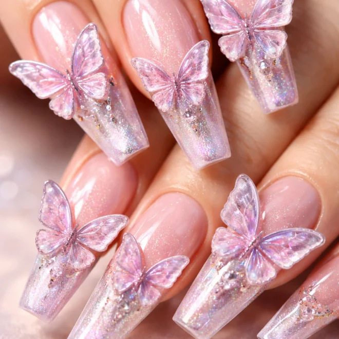 19 Butterfly Coffin Nail Designs for Long Nails