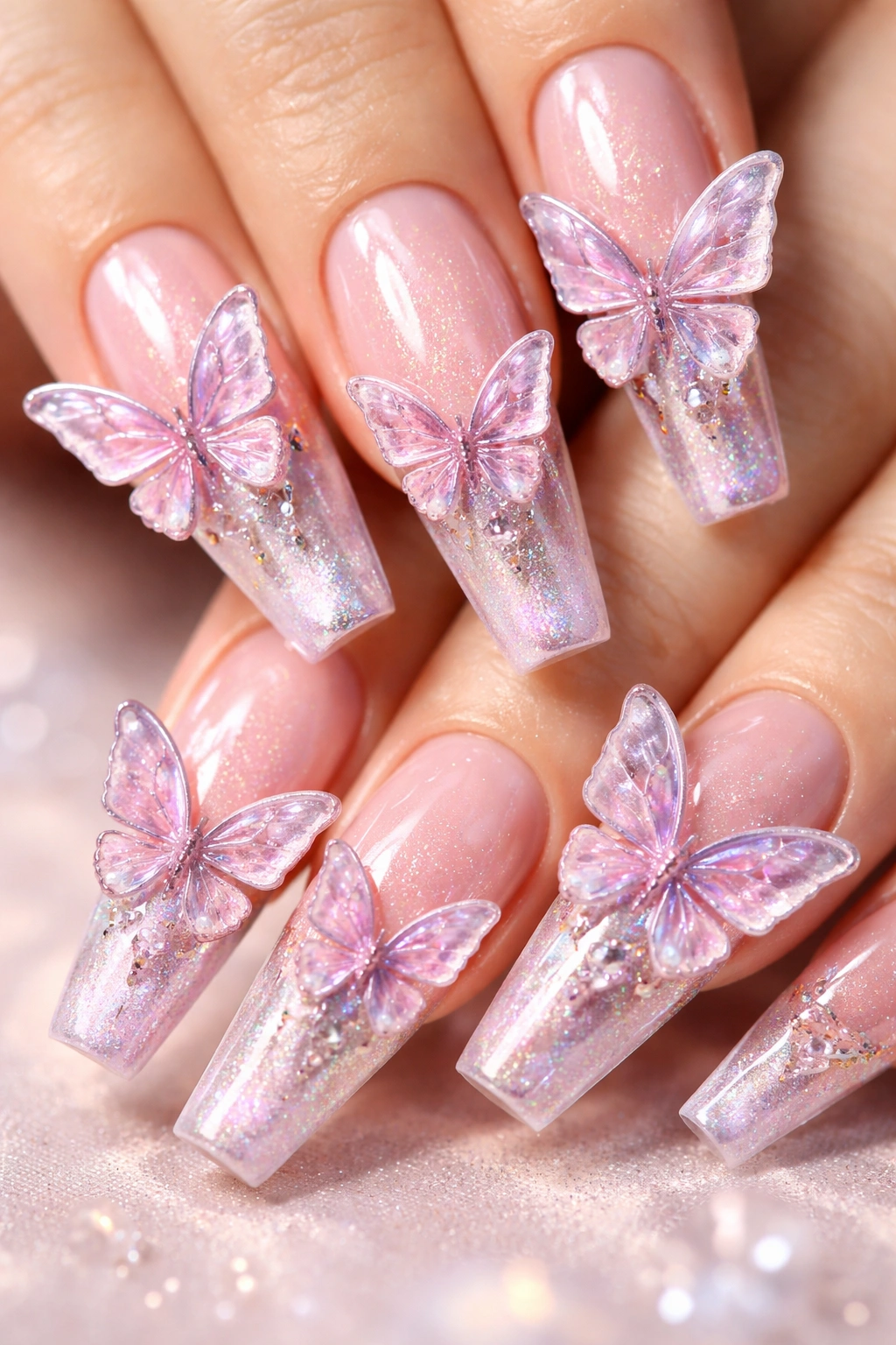 Coffin nails with 3D butterfly embellishments on a neutral background.