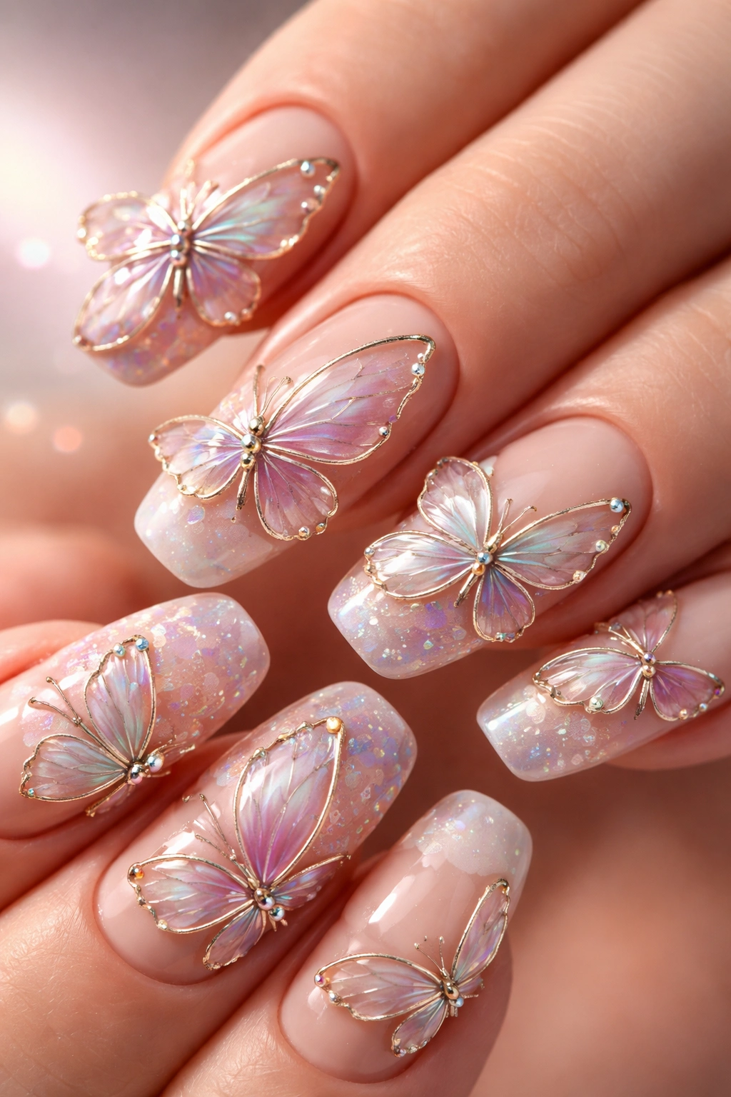 Close-up of nails with 3D butterfly wings and veining