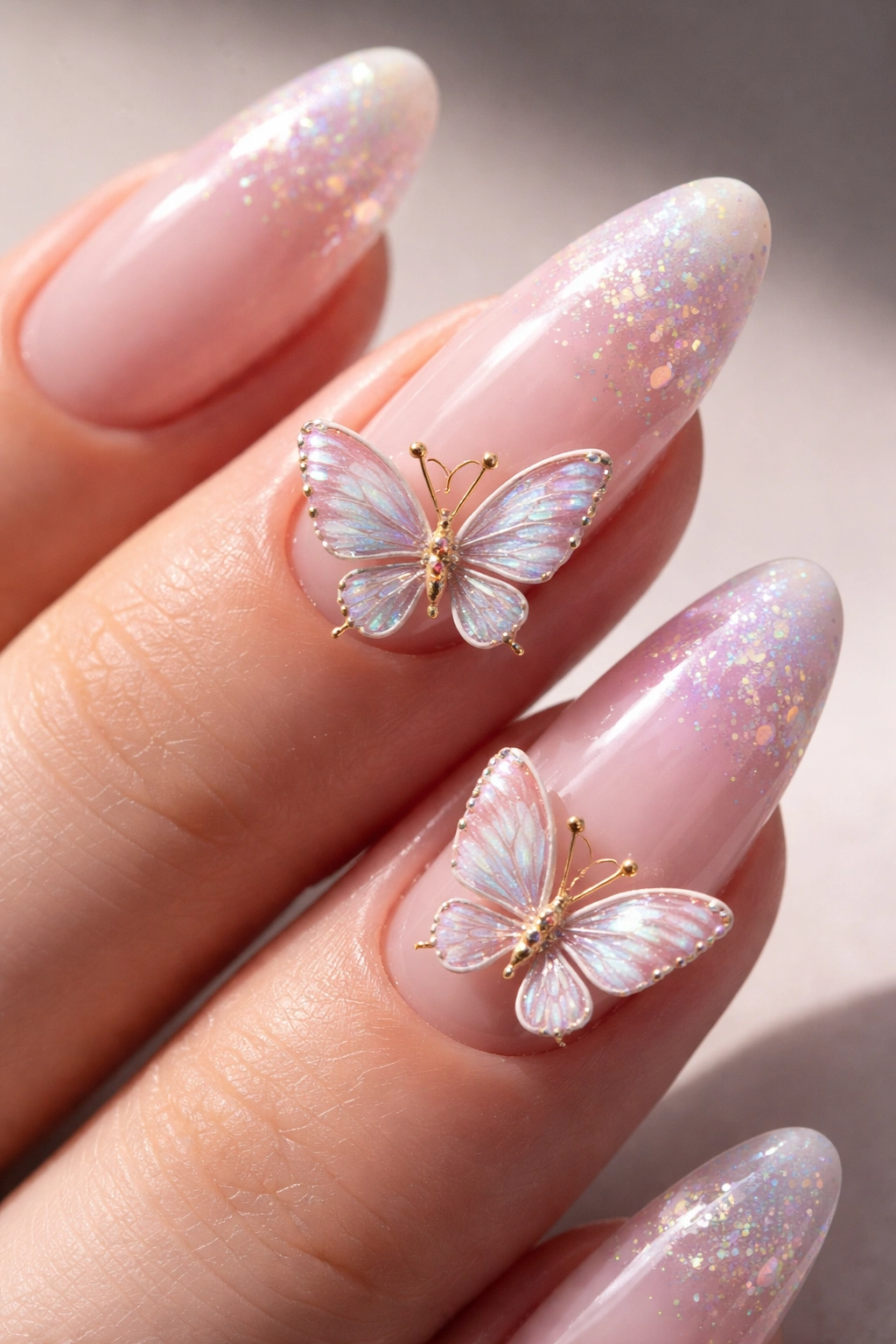 Nails with raised 3D butterfly embellishments on accent nails