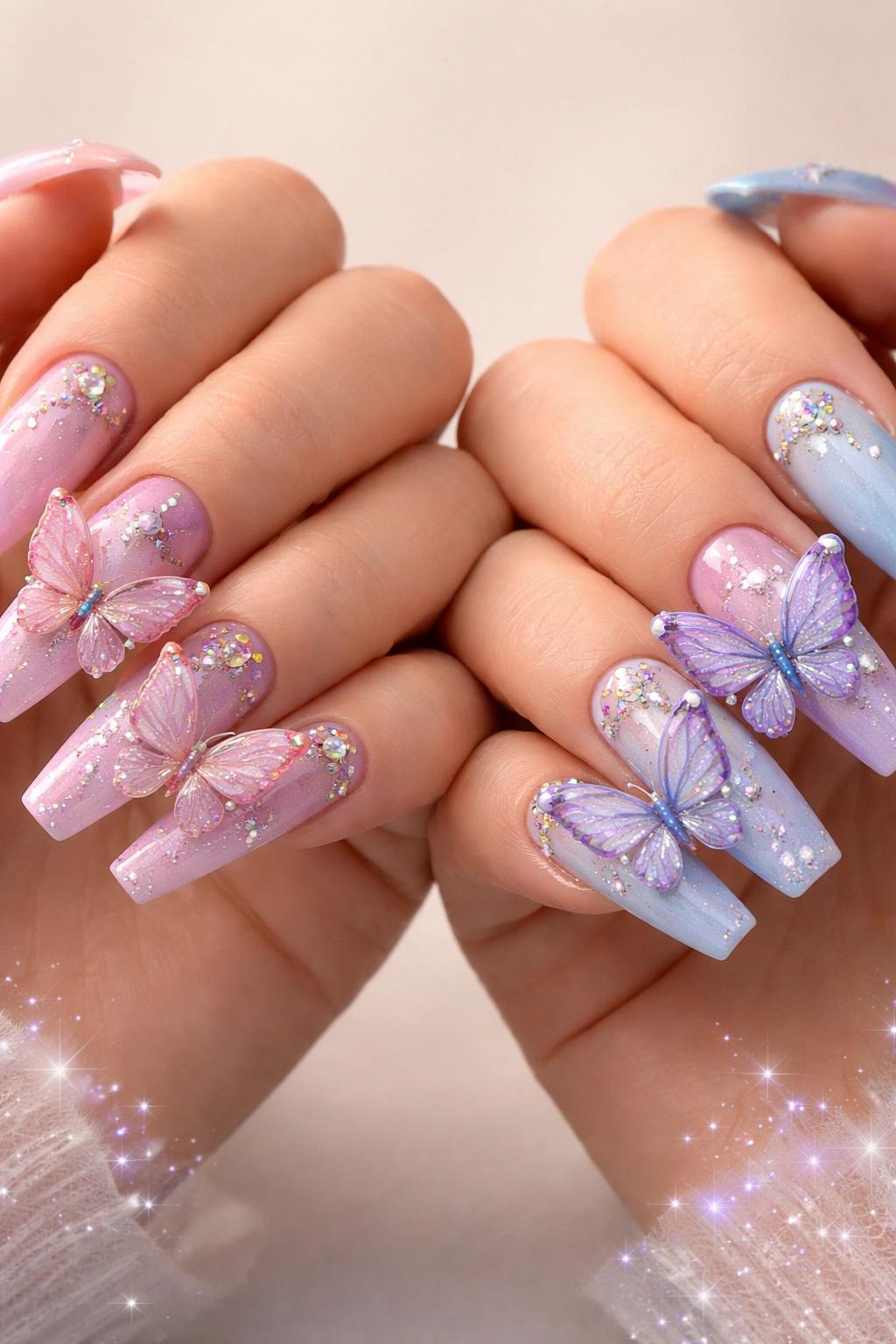 Close-up of nails with raised 3D butterfly accents and rhinestones
