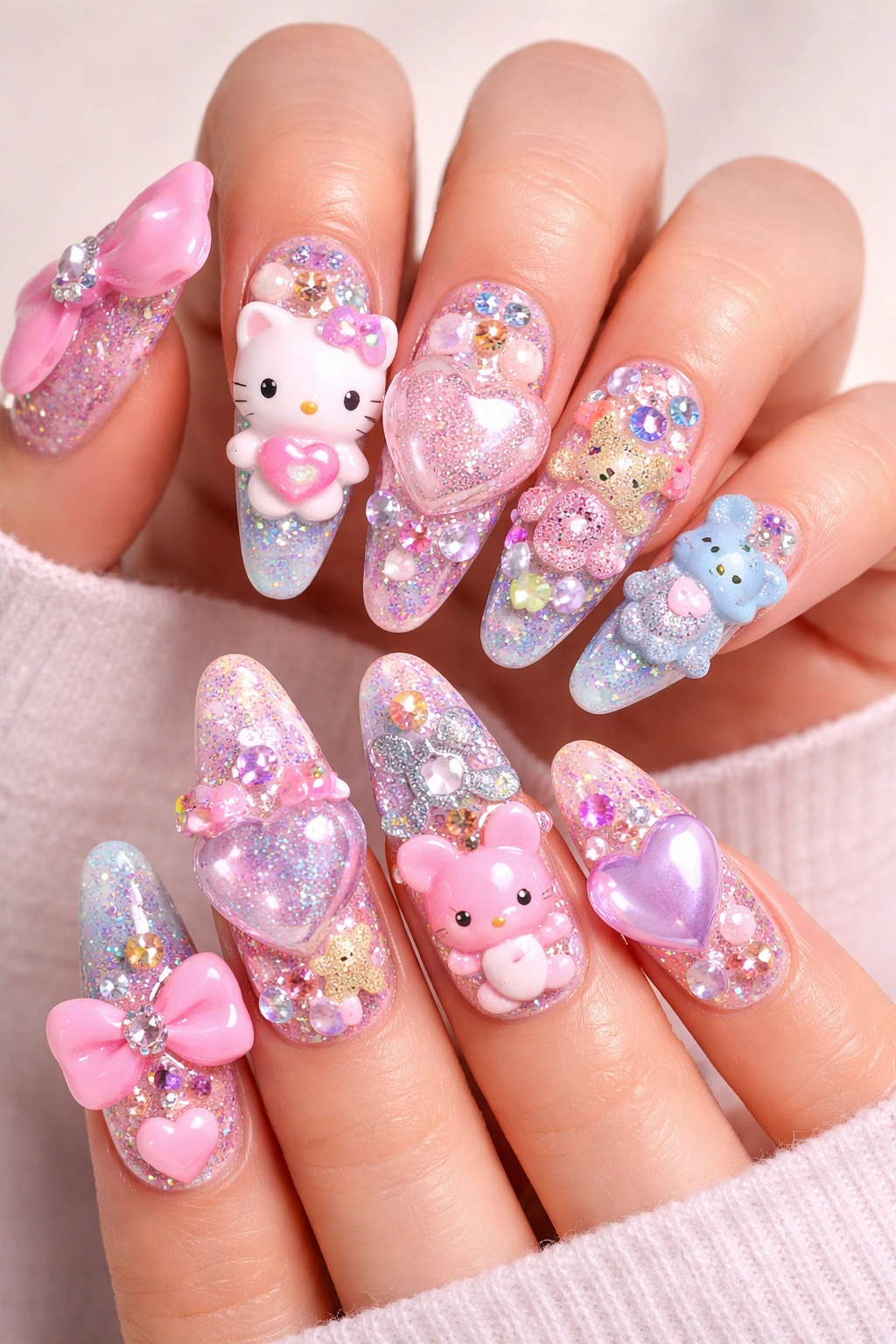 Nails with large 3D charms and kawaii decorations