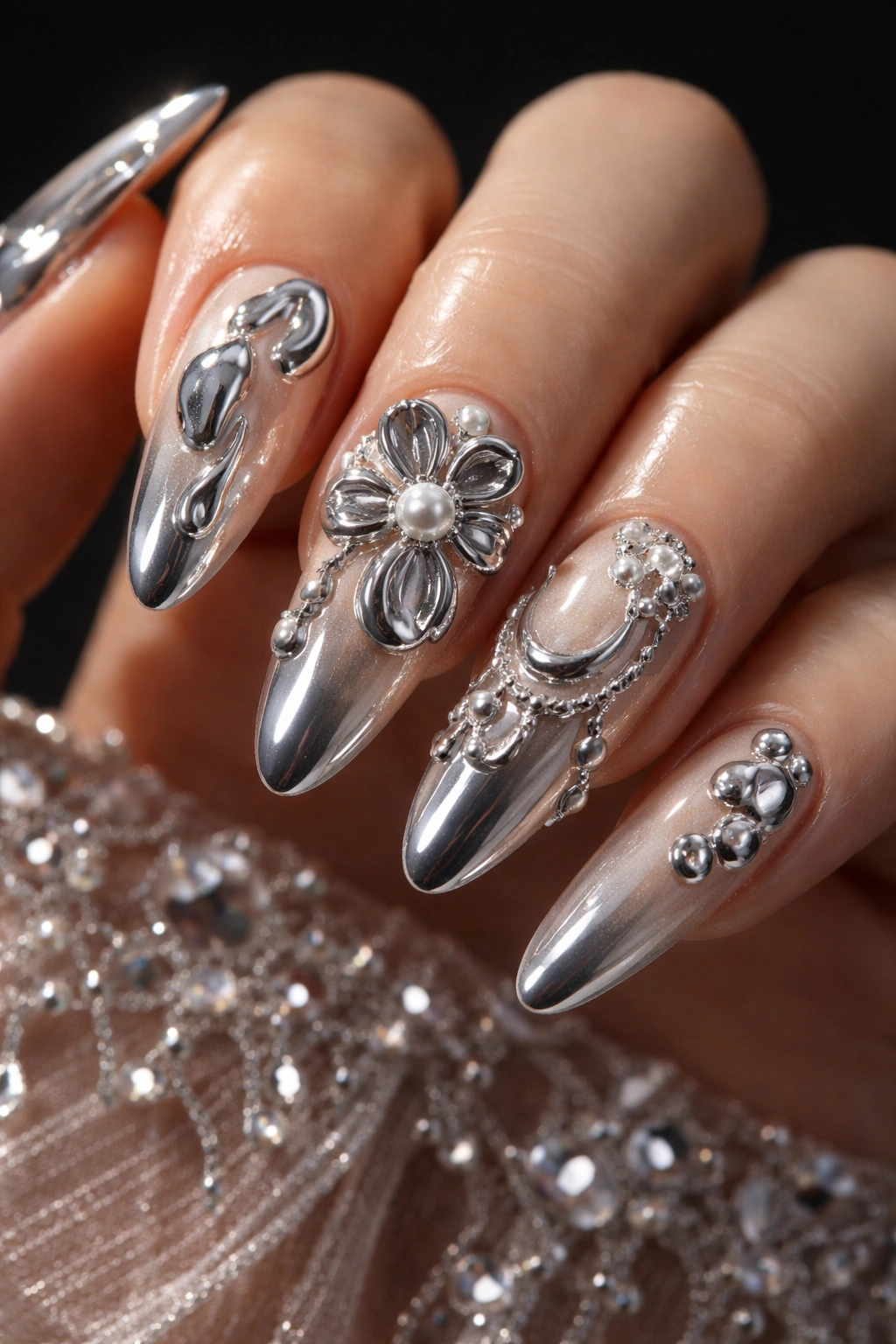3D chrome nail art with raised chrome shapes