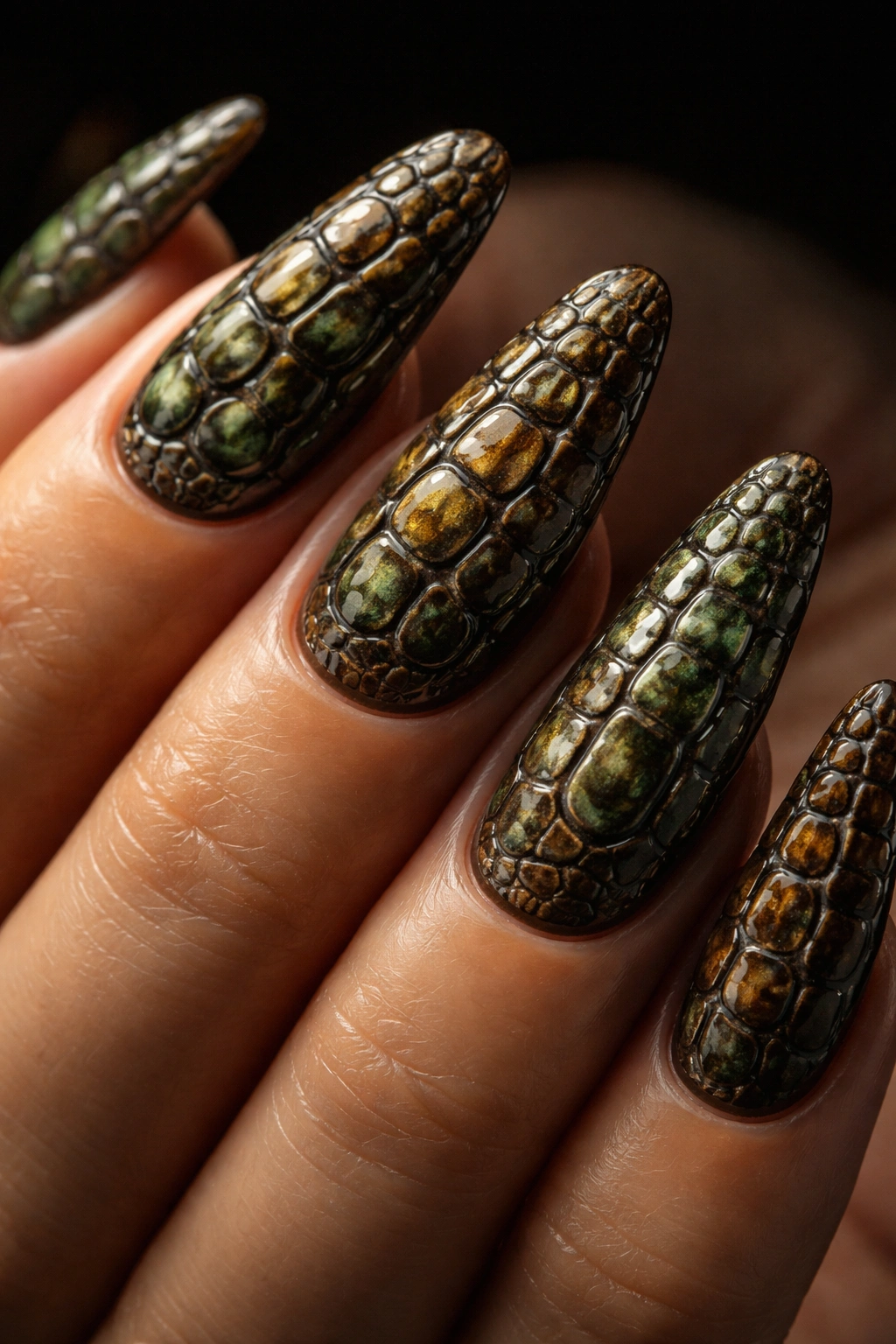 Close-up of 3D crocodile texture nails with raised scales in greens and browns