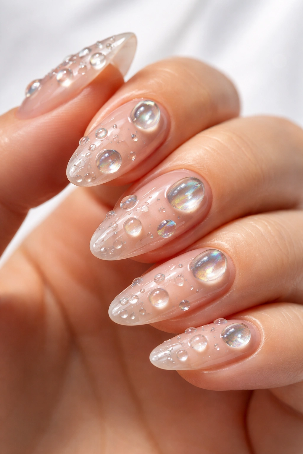 Close-up of dewdrop nails on nude base with glossy 3D droplets