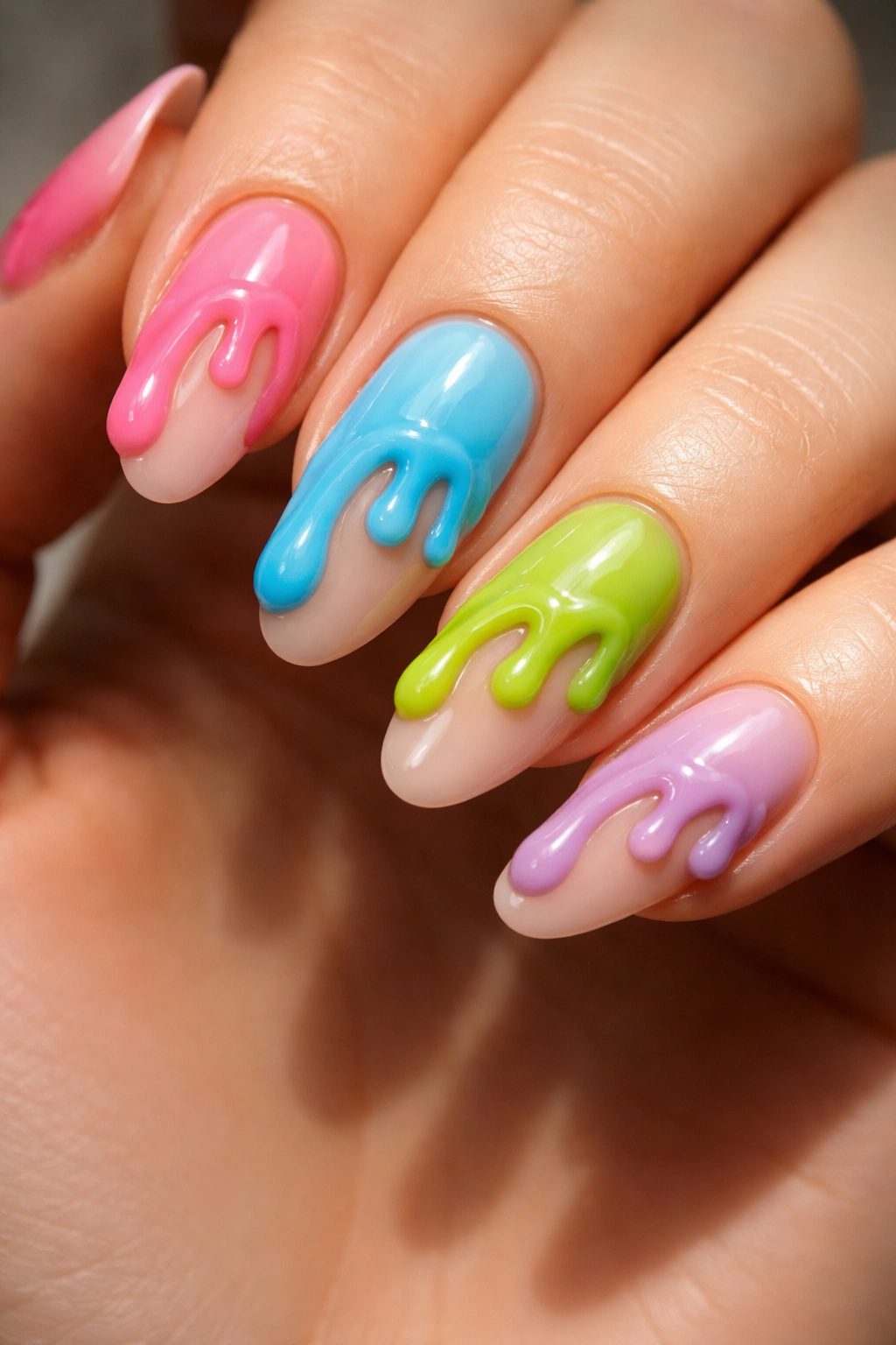 Macro shot of nude nails with raised white 3D drip sculptures