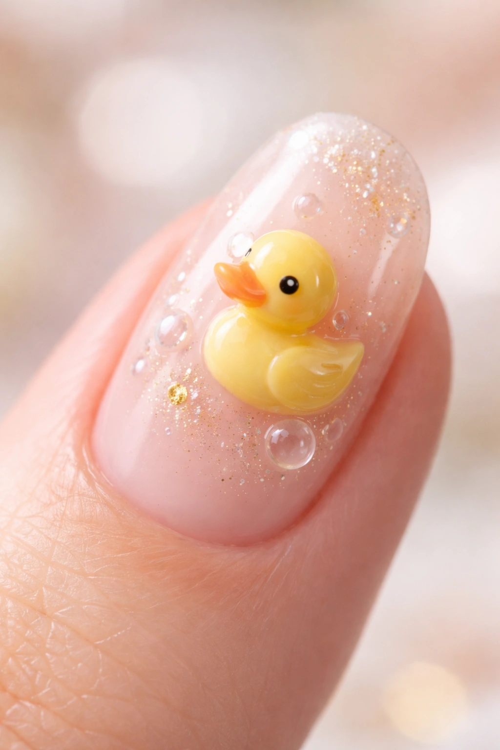 Macro close-up of 3D duck charm nail with resin duck