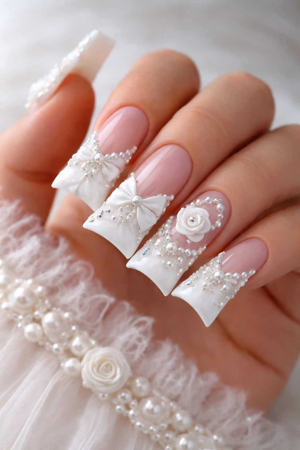 Close-up of 3D French tip duck nails with raised elements