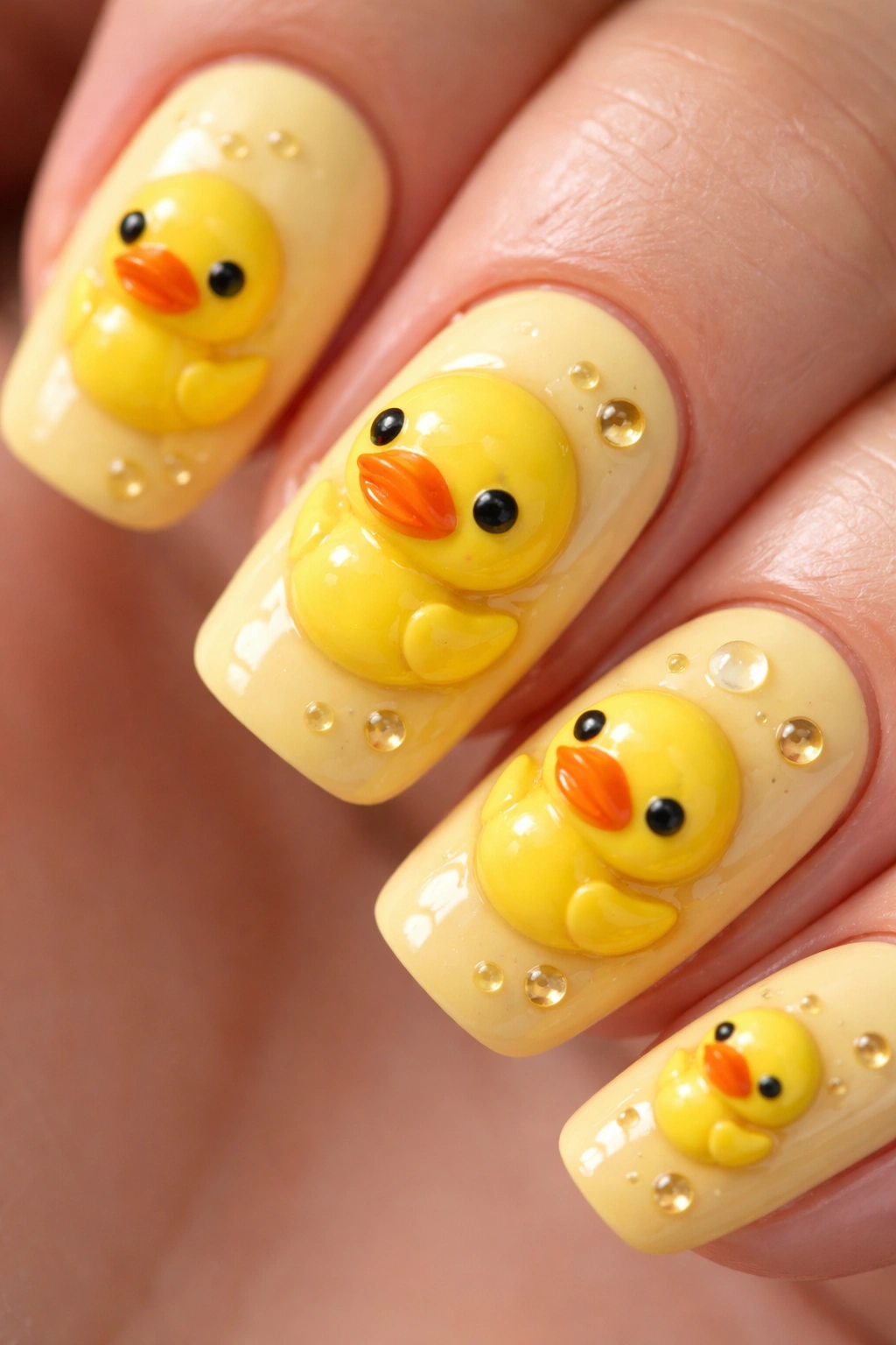 Close-up of 3D duck embellishments on a yellow nail