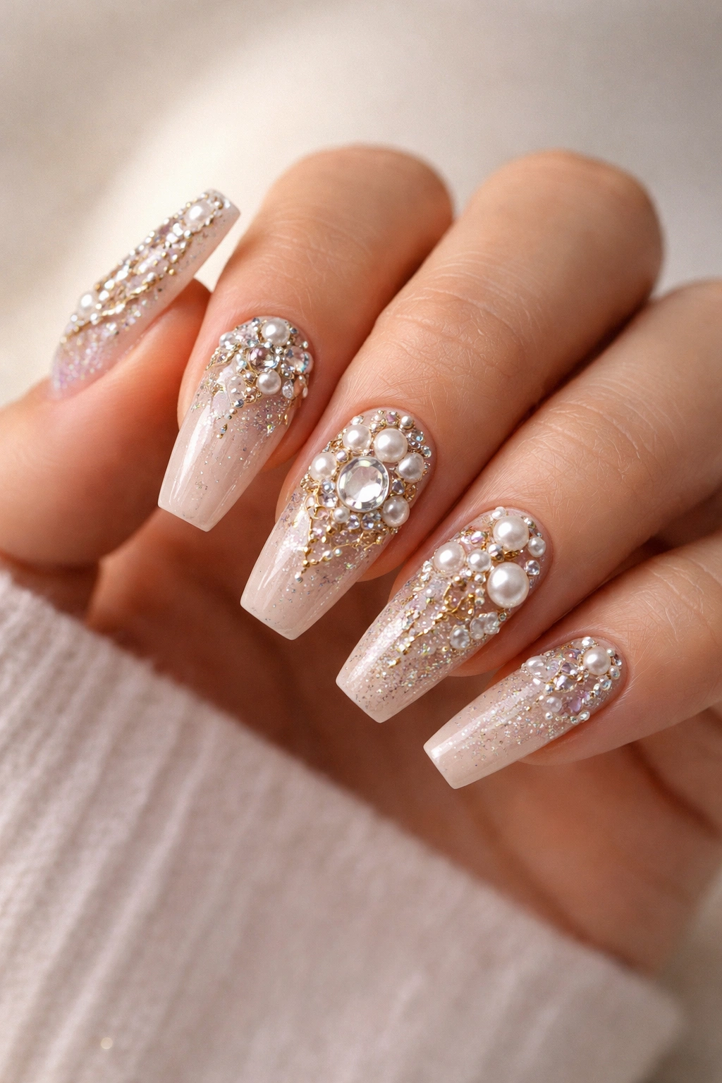 Close-up of 3D embellished coffin nails with rhinestones and pearls