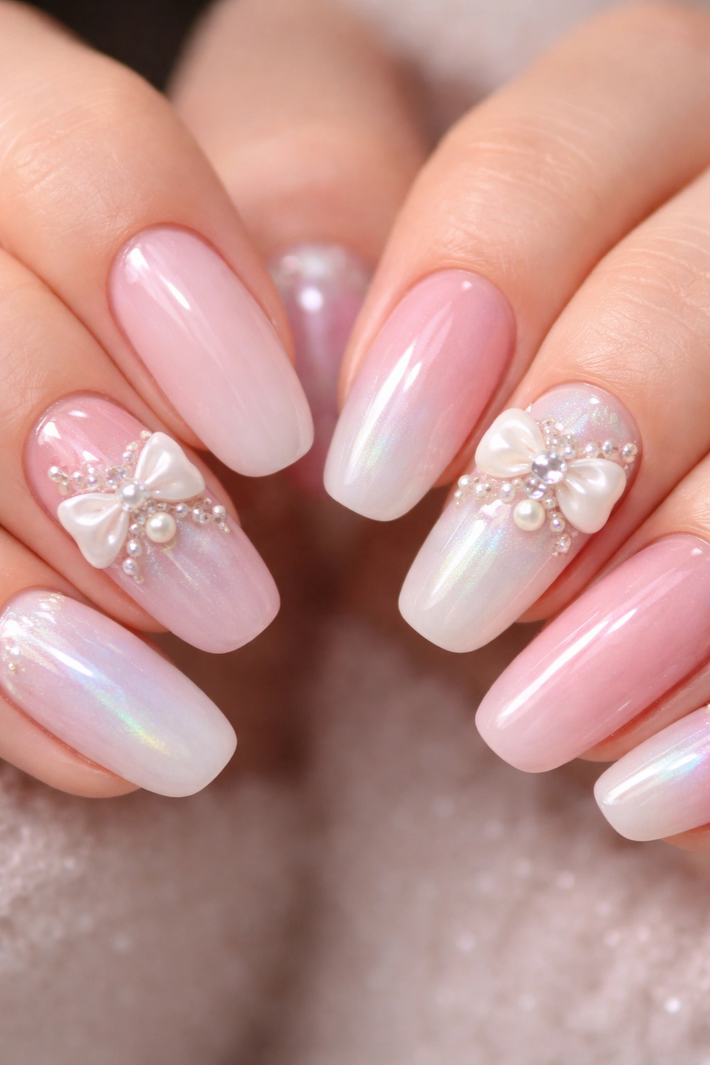 Hands with matching nails featuring subtle 3D embellishments on accent nails