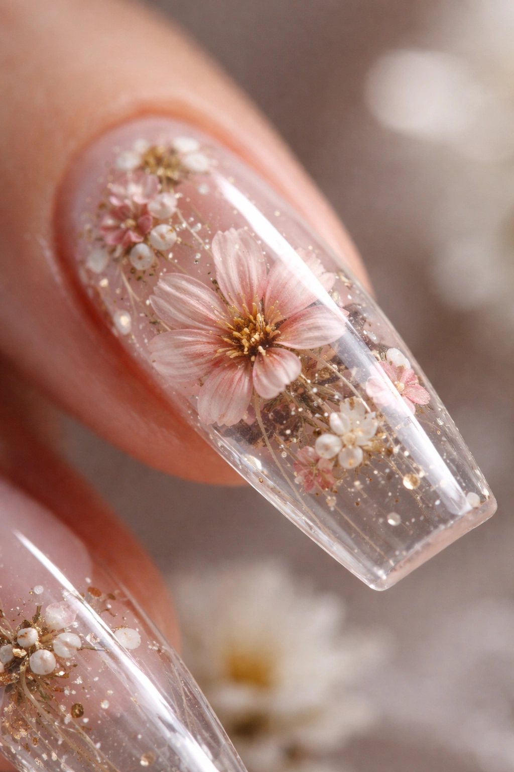 Close-up of coffin nail with 3D encapsulated flower under clear gel, showing depth