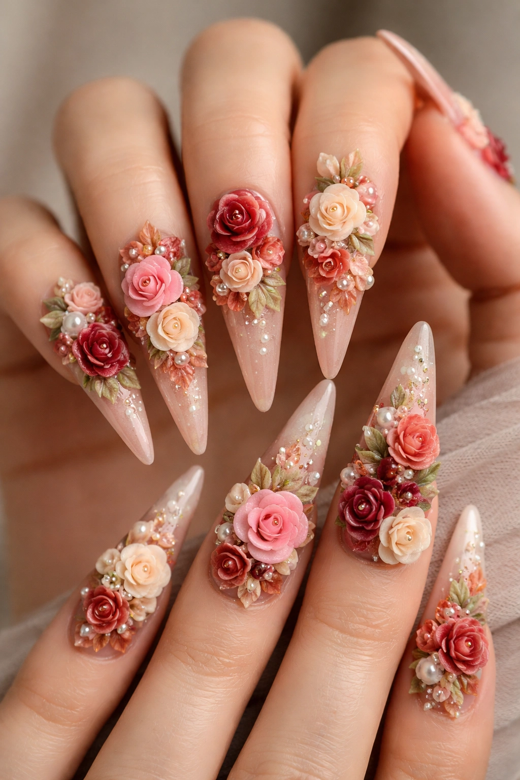 Close-up of 3D floral nails with sculpted acrylic flowers on stiletto tips
