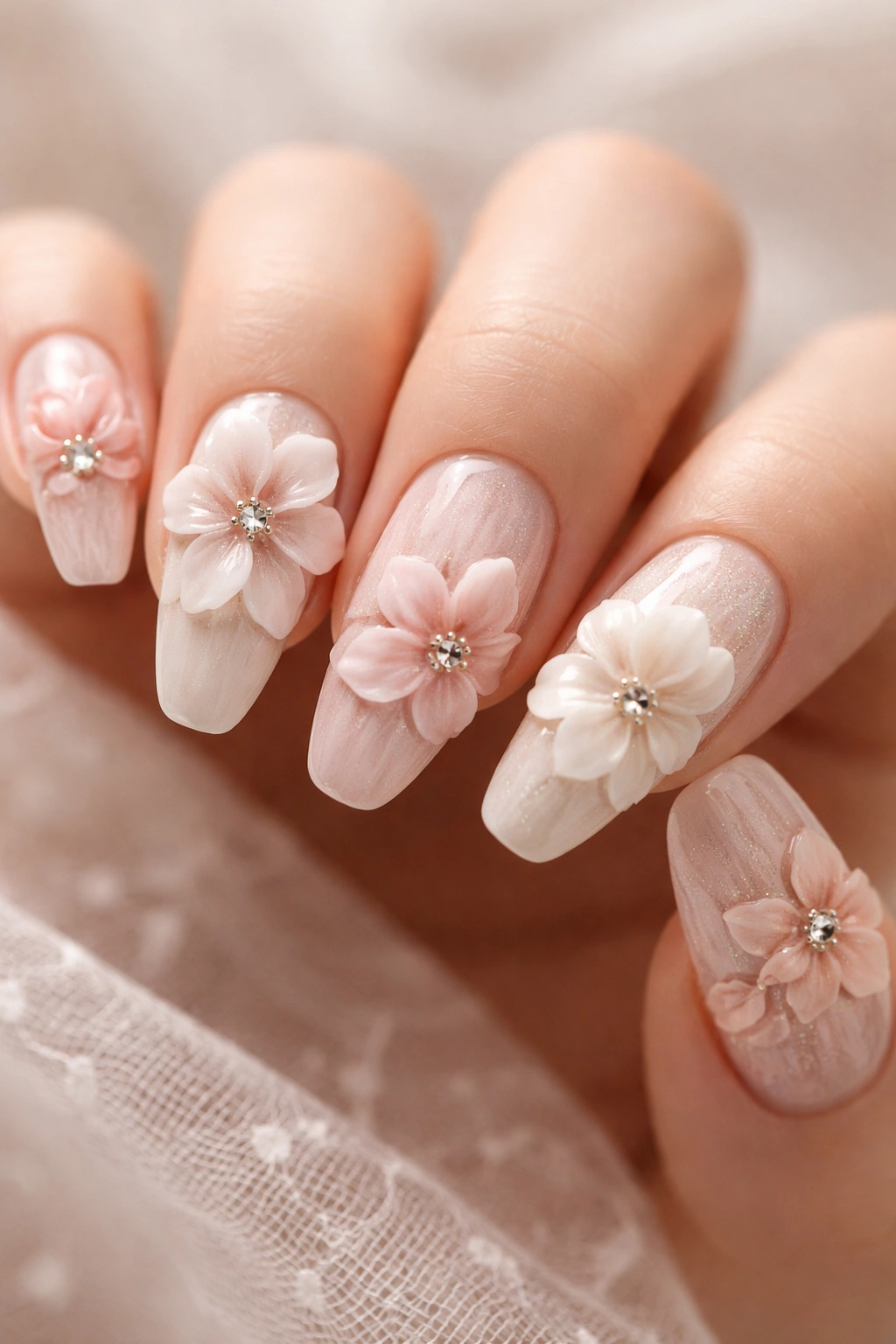 Close-up of nails with raised 3D floral nail sculptures