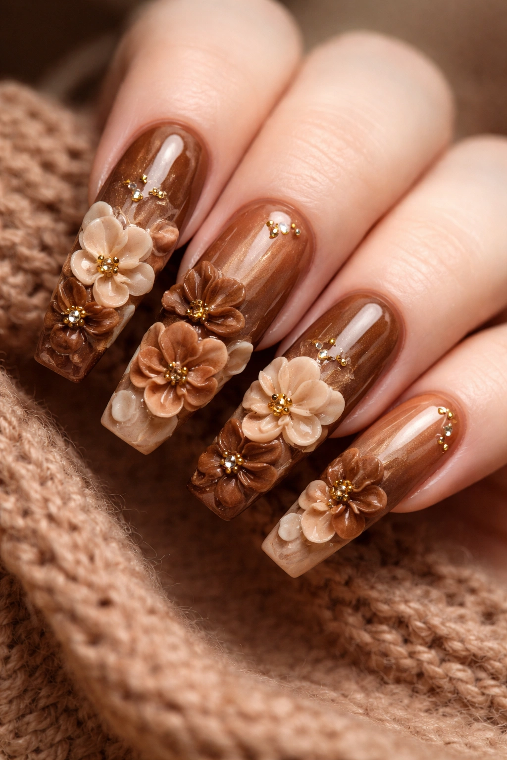 Close-up of brown 3D floral nail art with sculpted flowers