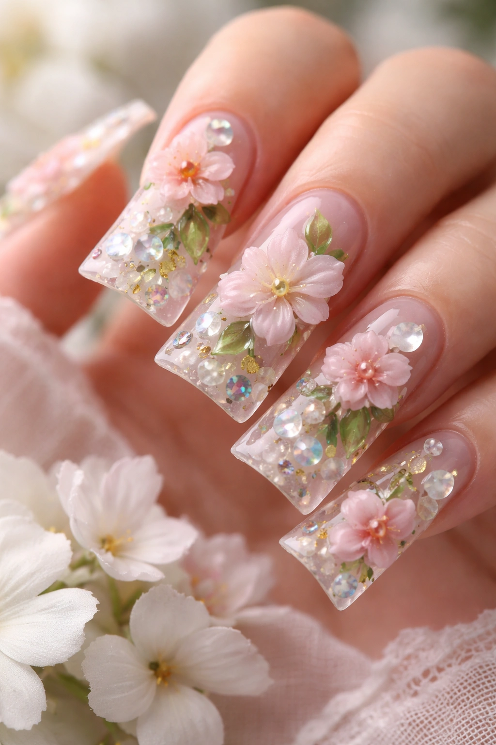 Close-up of floral 3D duck nails with sculpted flowers and leaves