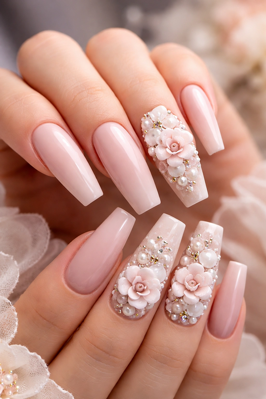 Long nails with 3D floral embellishments on accent nails