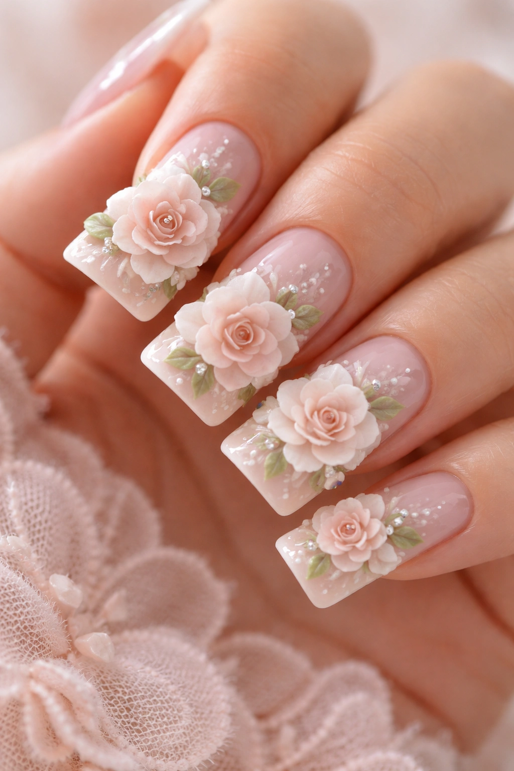 Close-up of blush base nails with 3D floral blooms