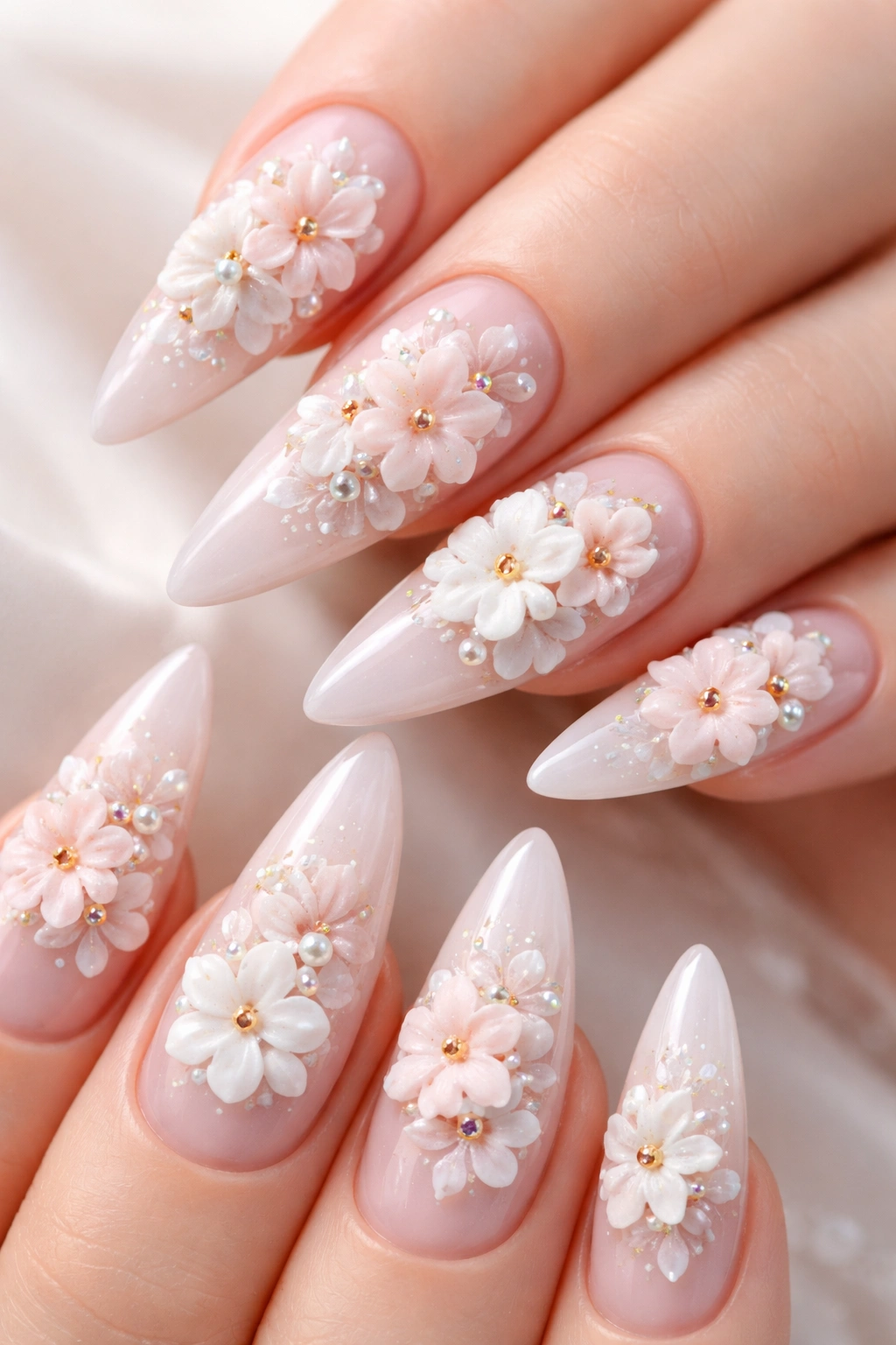 3D flower almond nails with sculpted pastel flowers on almond nails, close-up
