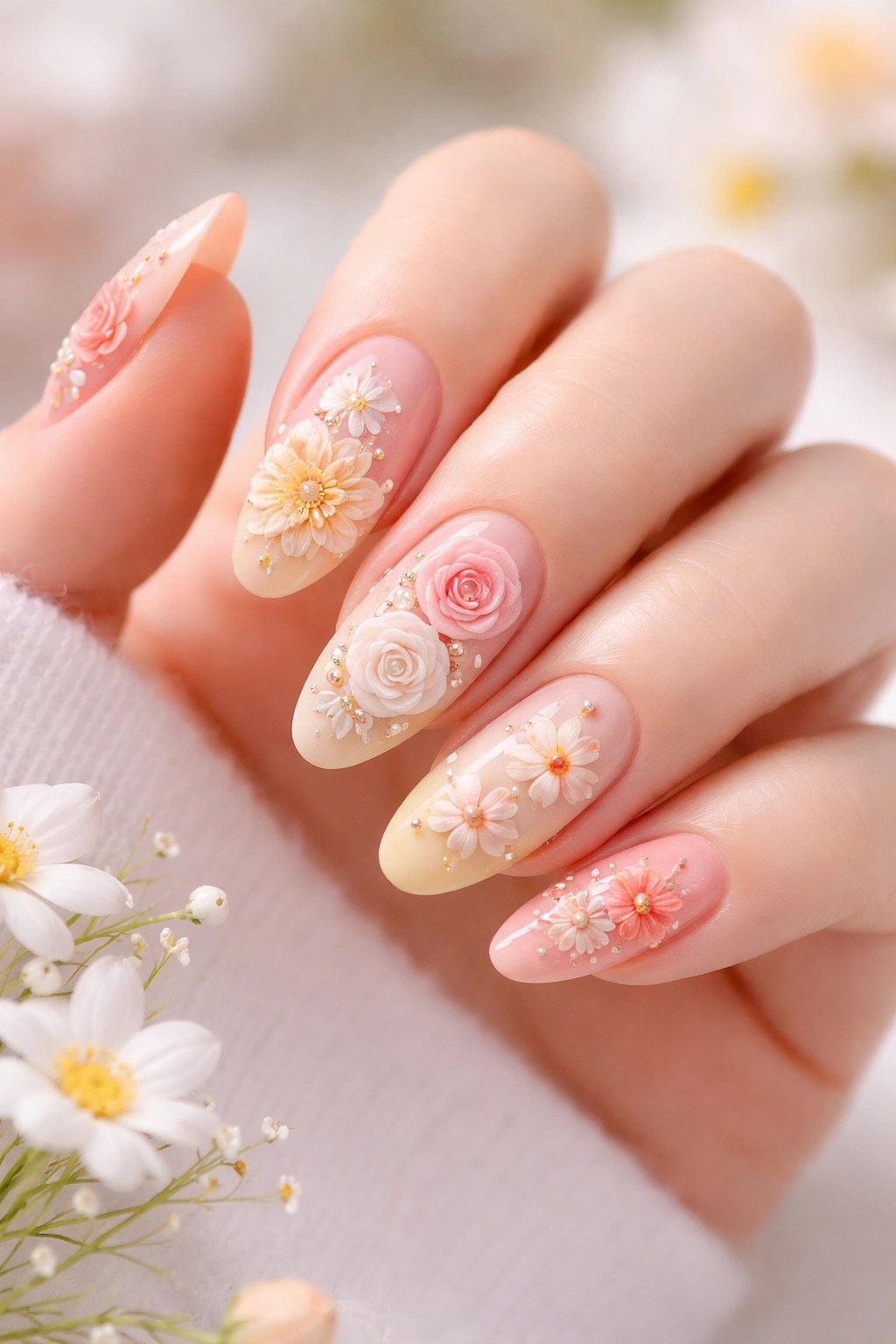 Close-up of a hand with five nails featuring diverse 3D flower nail art in coral, yellow, and peach tones